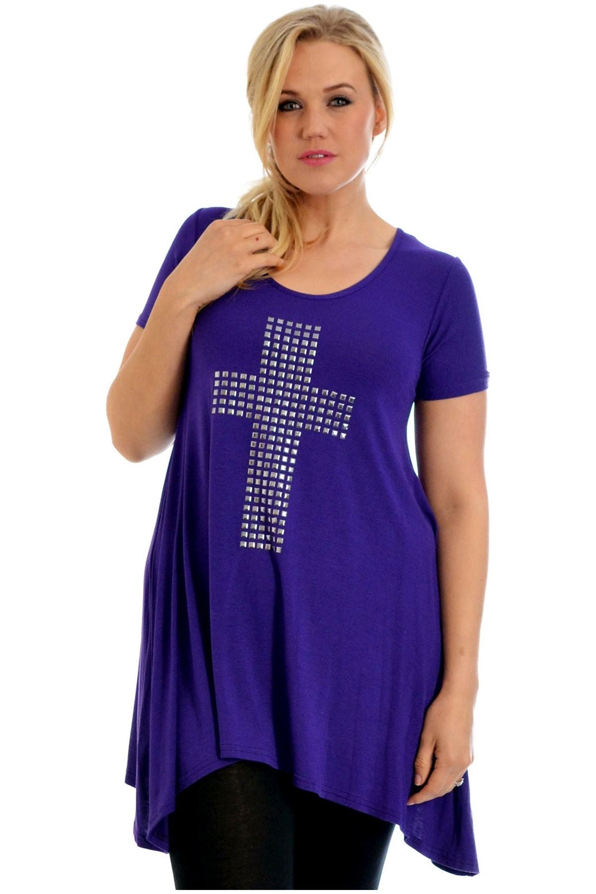 Cross Metallic Stud Hanky Hem Short Sleeve Top Apparel & Accessories WearAll Purple 14