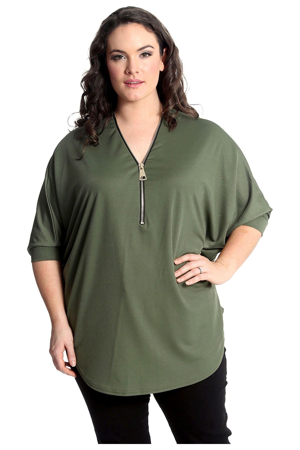 Plus Size Zip Curved Hem V-Neck Batwing Sleeve Top Tops WearAll