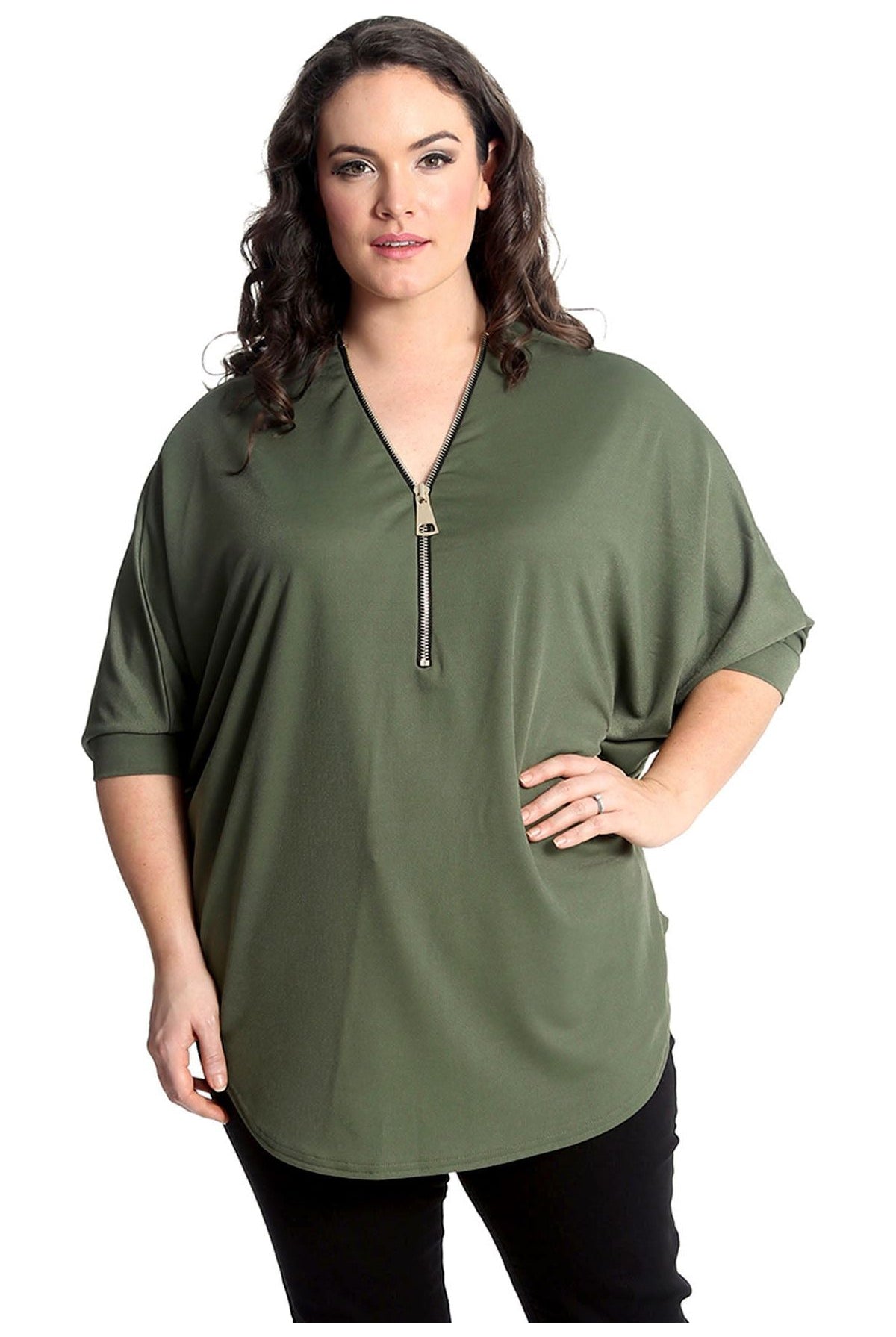 Zip Curved Hem V-Neck Batwing Sleeve Top Tops WearAll