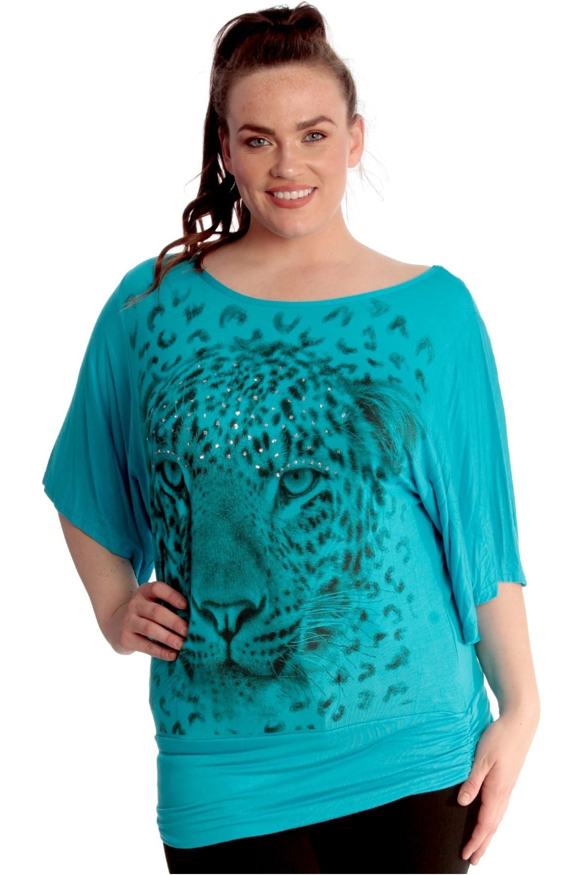 Tiger Print Glitter Batwing Top Tops WearAll Turquoise 14