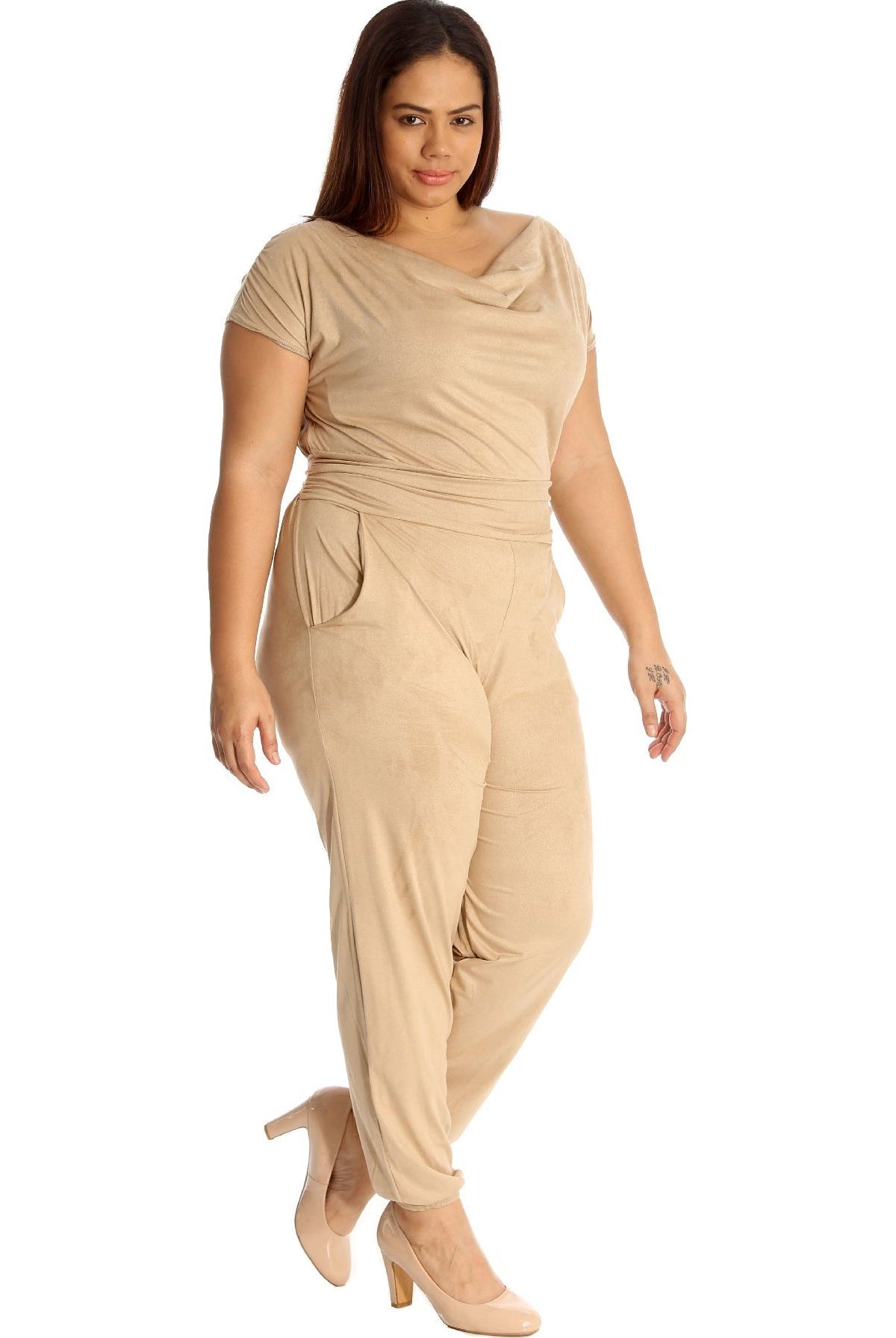 Plus Size Cowl Neck Pocket Belted Jumpsuit Jumpsuit WearAll