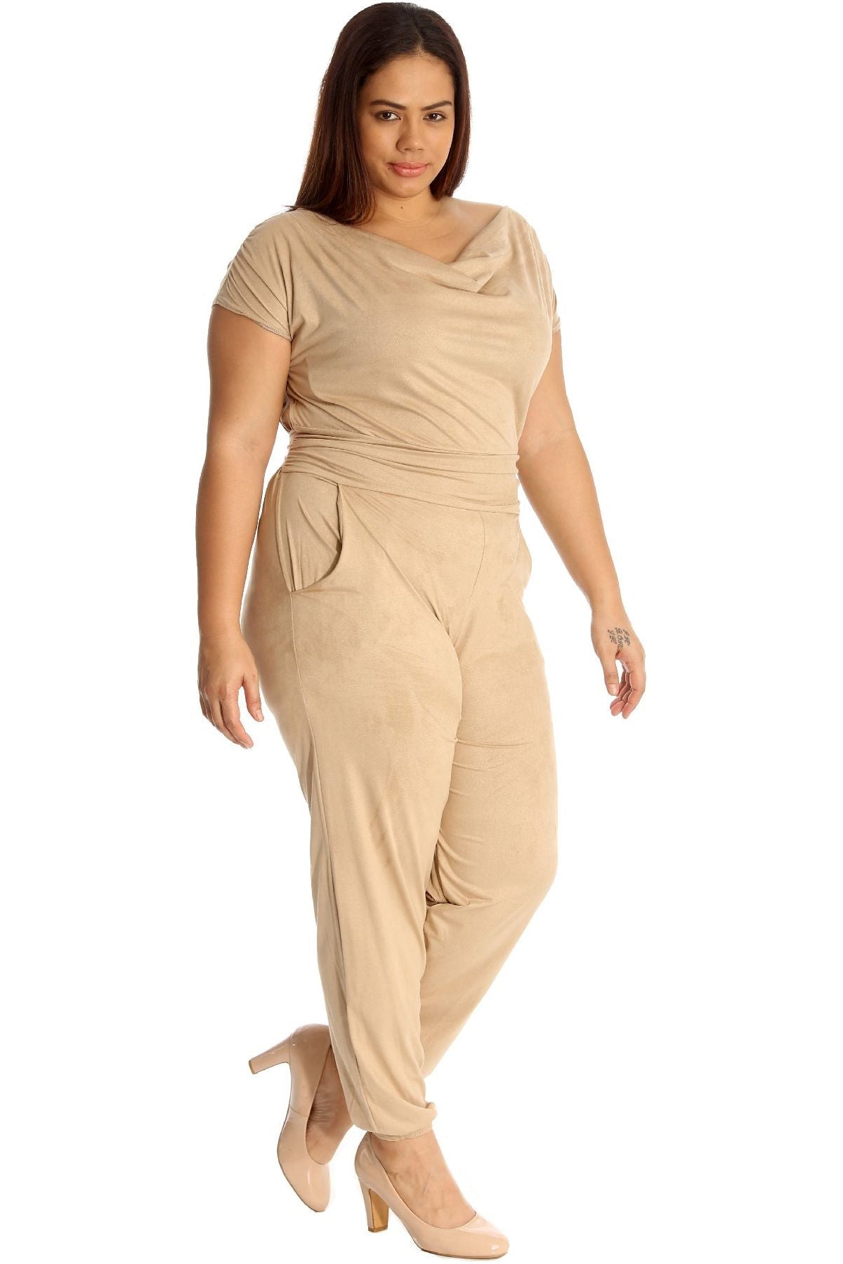 Plus Size Cowl Neck Pocket Belted Jumpsuit Jumpsuit WearAll