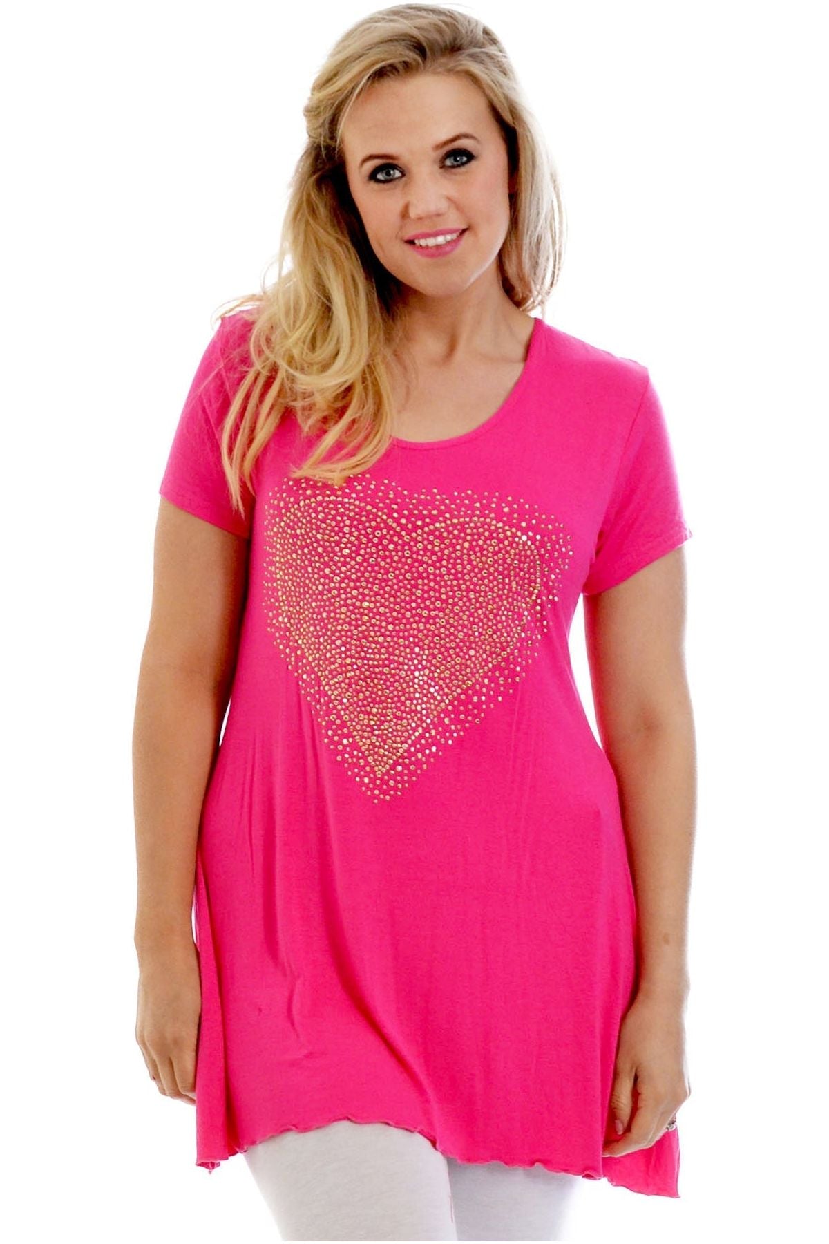 Gold Studded Hanky Hem Short Sleeve Top Apparel & Accessories WearAll Cerise 18