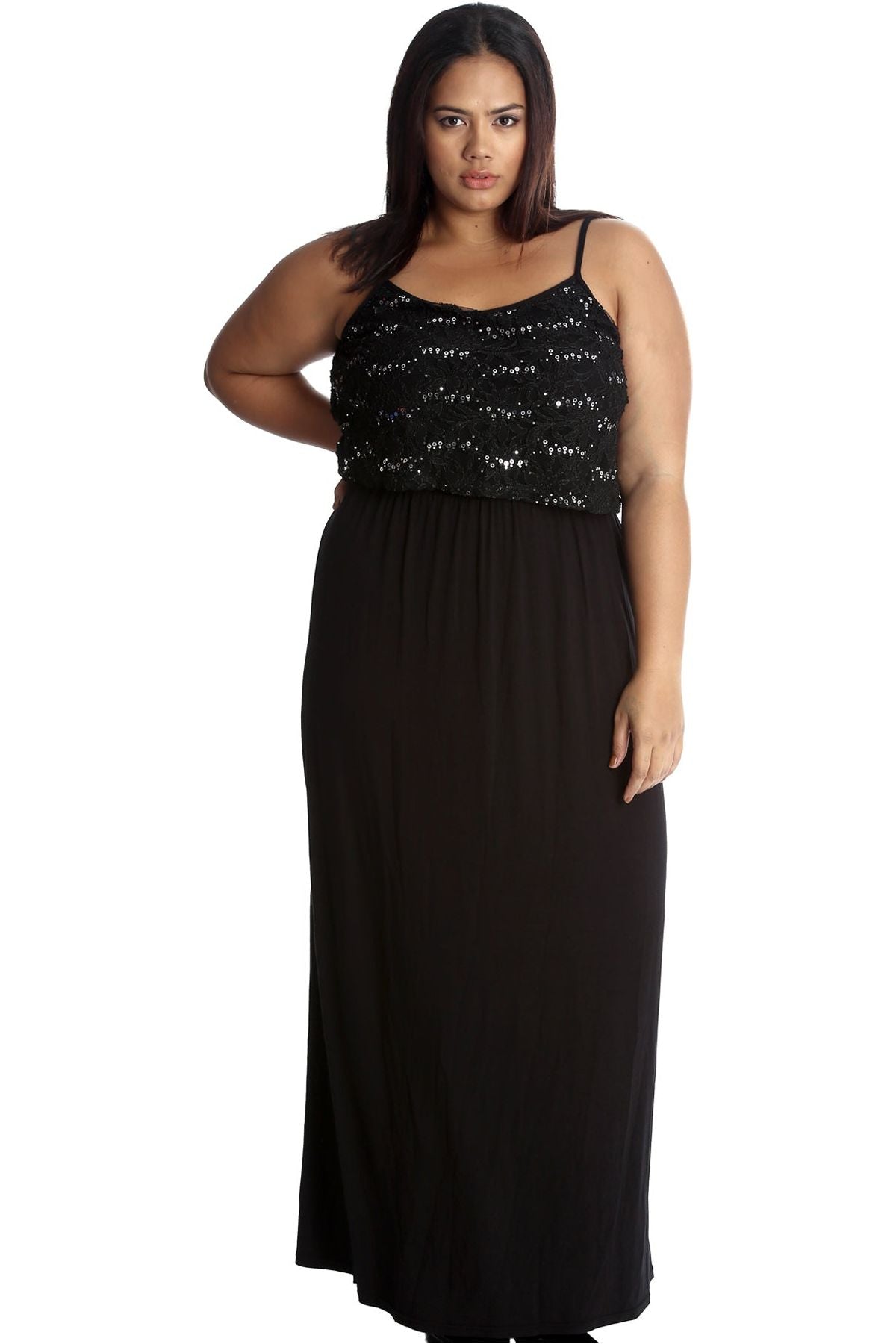 Plus Size Floral Sequin Lace Maxi Dress Dress WearAll Black 22-24
