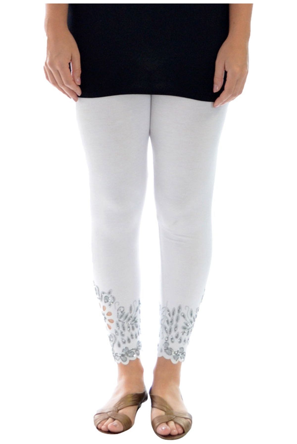 Sequin Scallop Beaded Flower Petal Leggings Leggings WearAll White 12-14