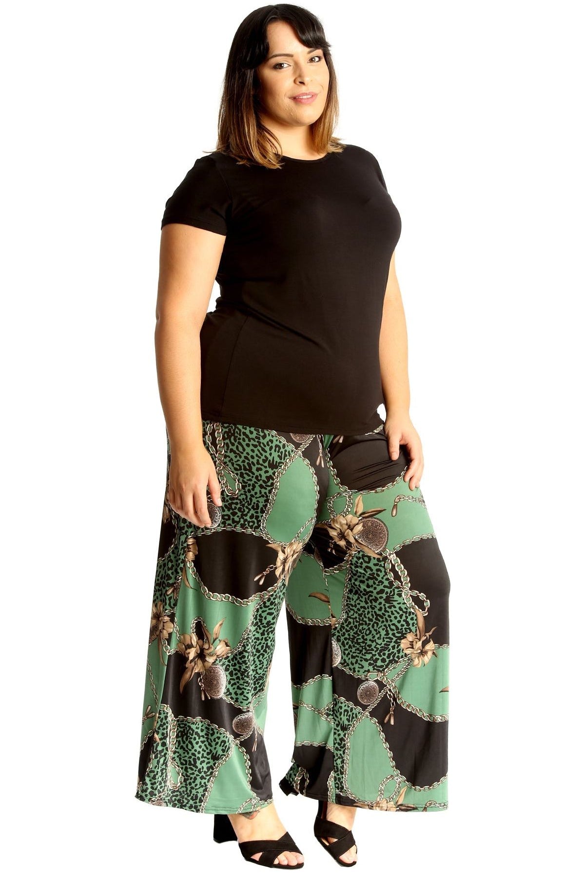 Plus Size Green Leopard Chain Print Palazzo Trouser Palazzo WearAll