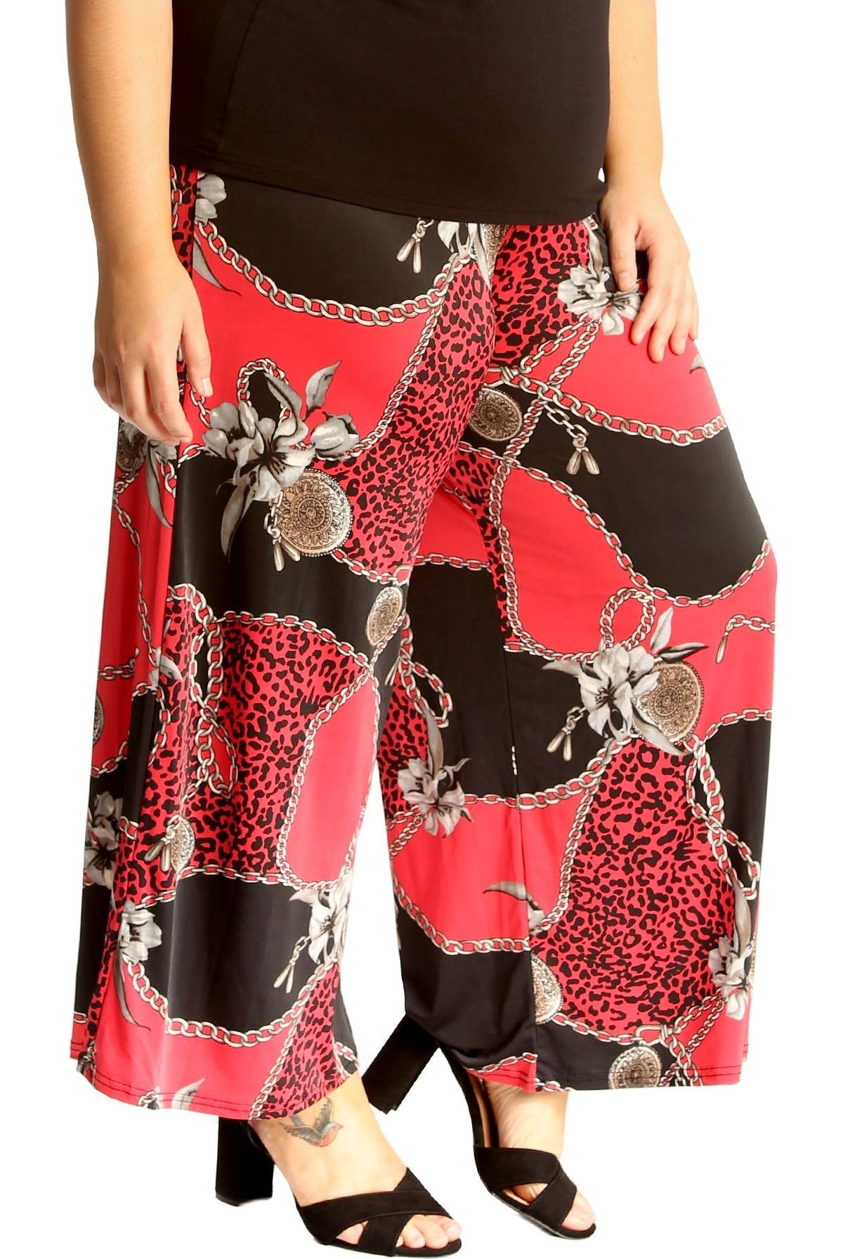 Plus Size Red Leopard Chain Print Palazzo Trouser Palazzo WearAll Red Leopard Chain 16-18