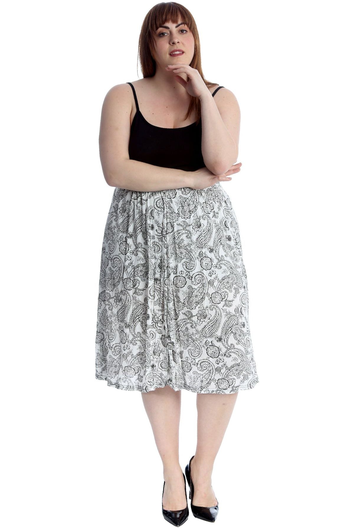 Plus Size Paisley White Print Midi Skirt Skirt WearAll