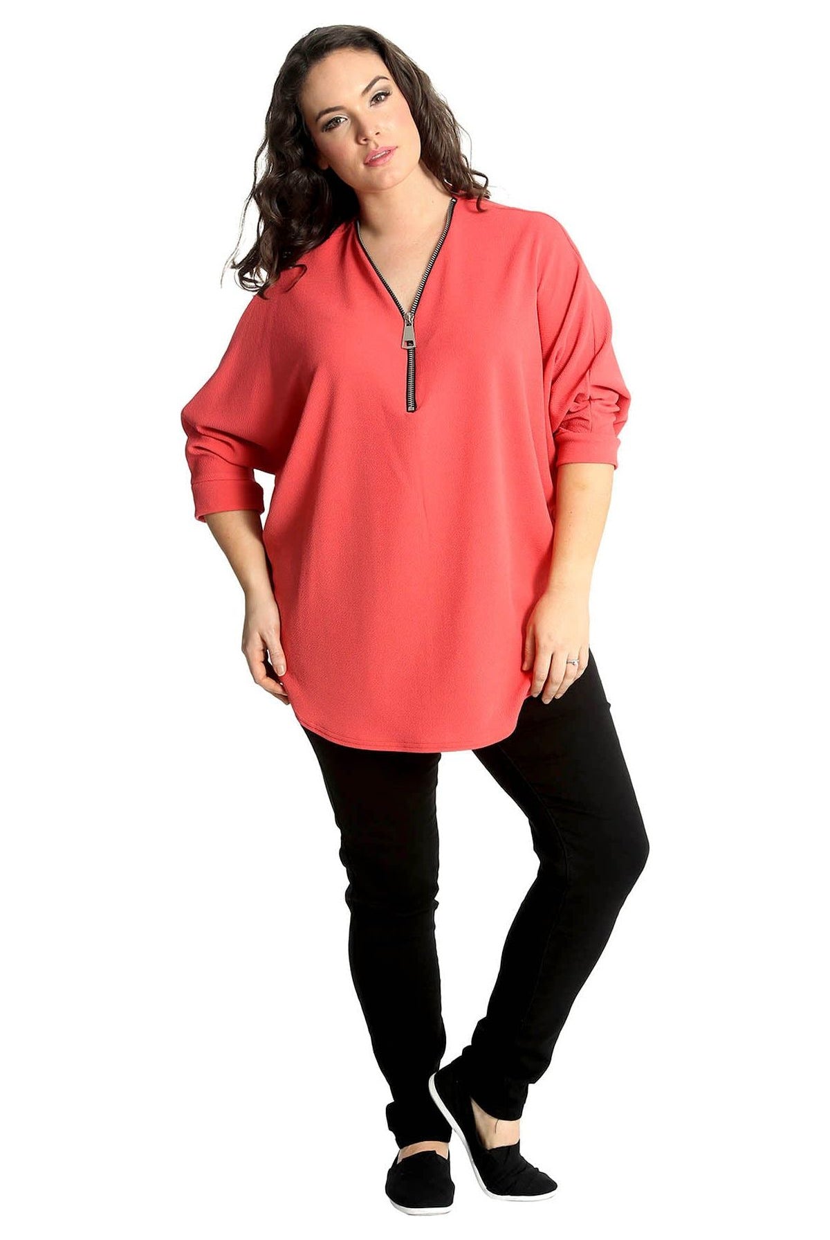 Plus Size Zip Curved Hem V-Neck Batwing Sleeve Top Tops WearAll