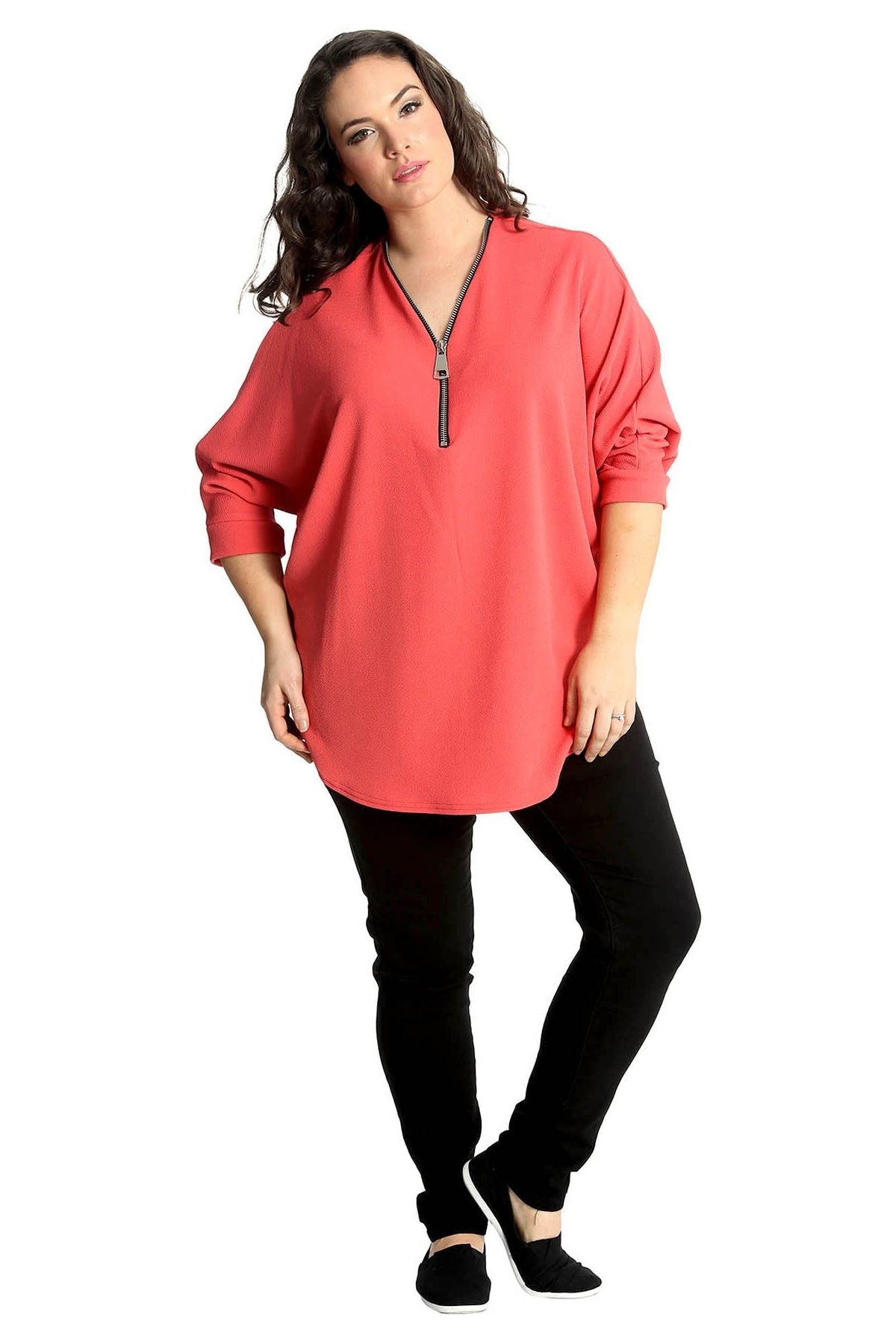 Plus Size Zip Curved Hem V-Neck Batwing Sleeve Top Tops WearAll
