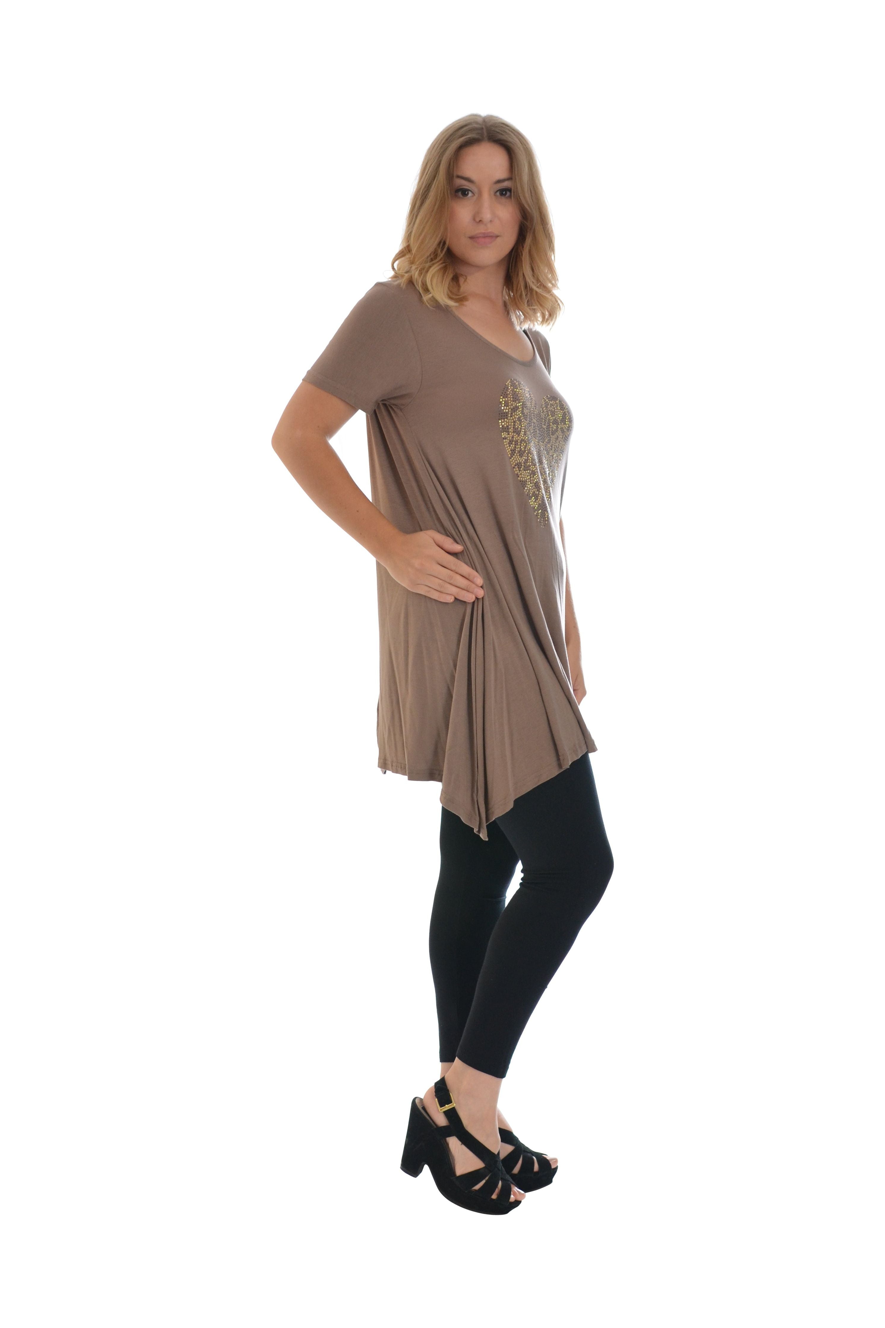 Leopard Print Studded Heart Hanky Hem Short Sleeve Top Apparel & Accessories WearAll