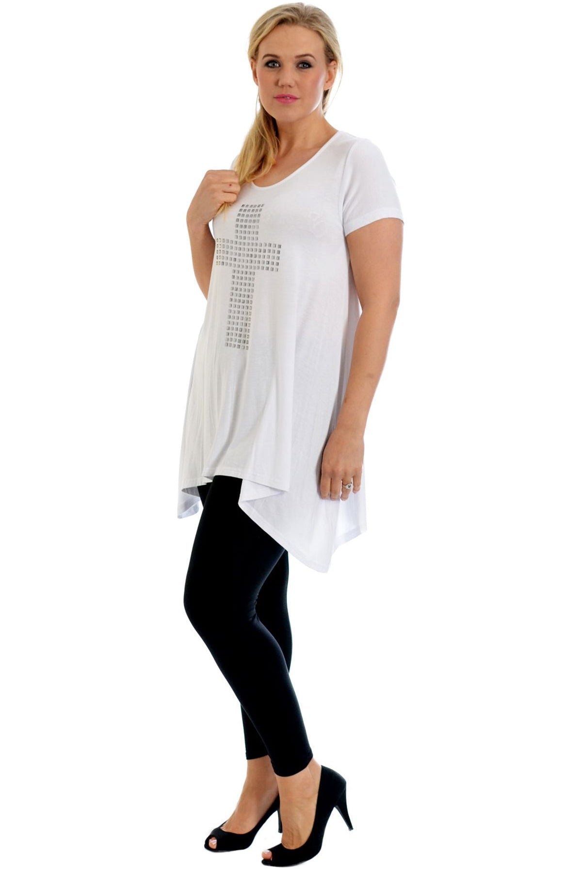 Cross Metallic Stud Hanky Hem Short Sleeve Top Apparel & Accessories WearAll