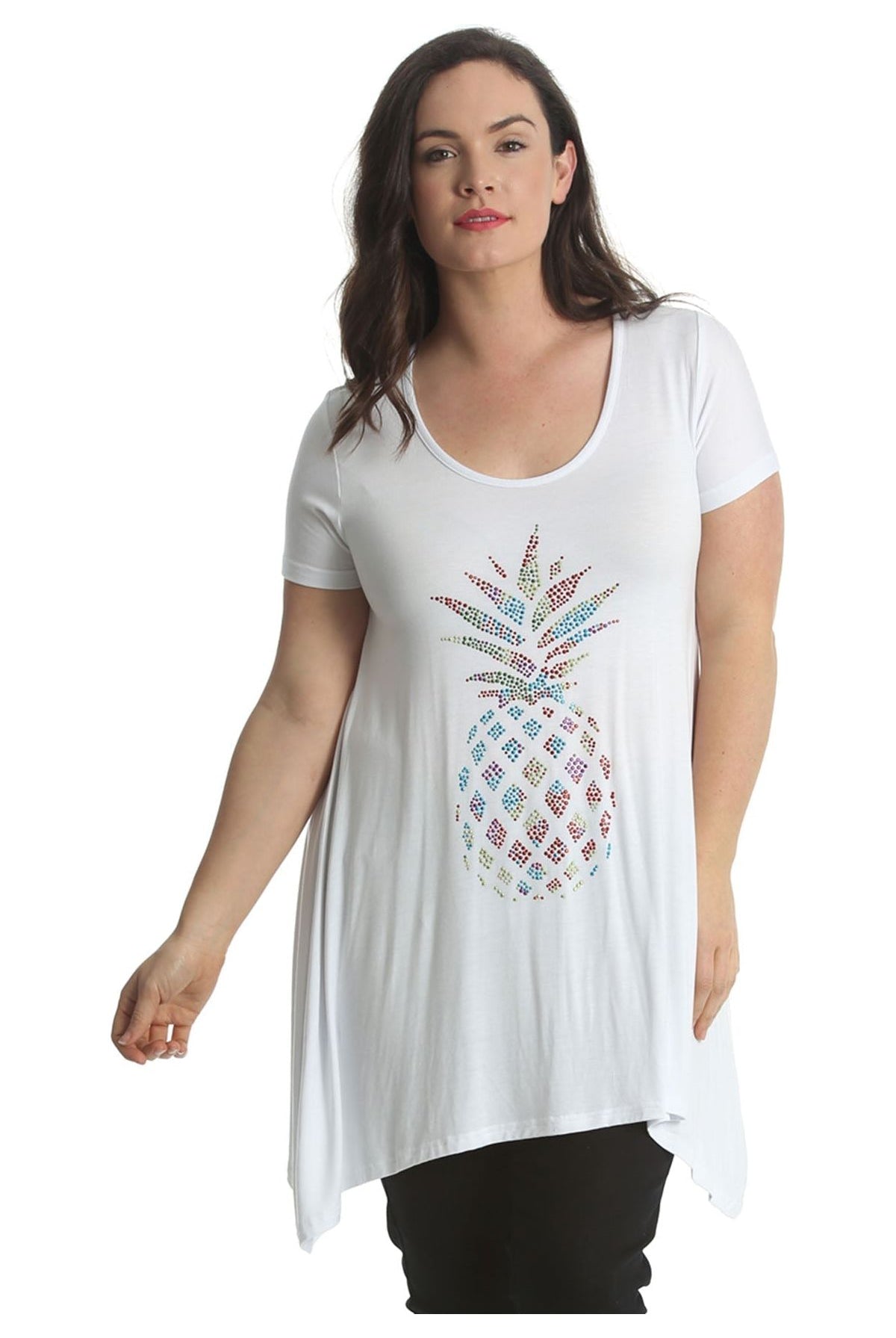 Pineapple Stud Hanky Hem Short Sleeve Top Apparel & Accessories WearAll White 18