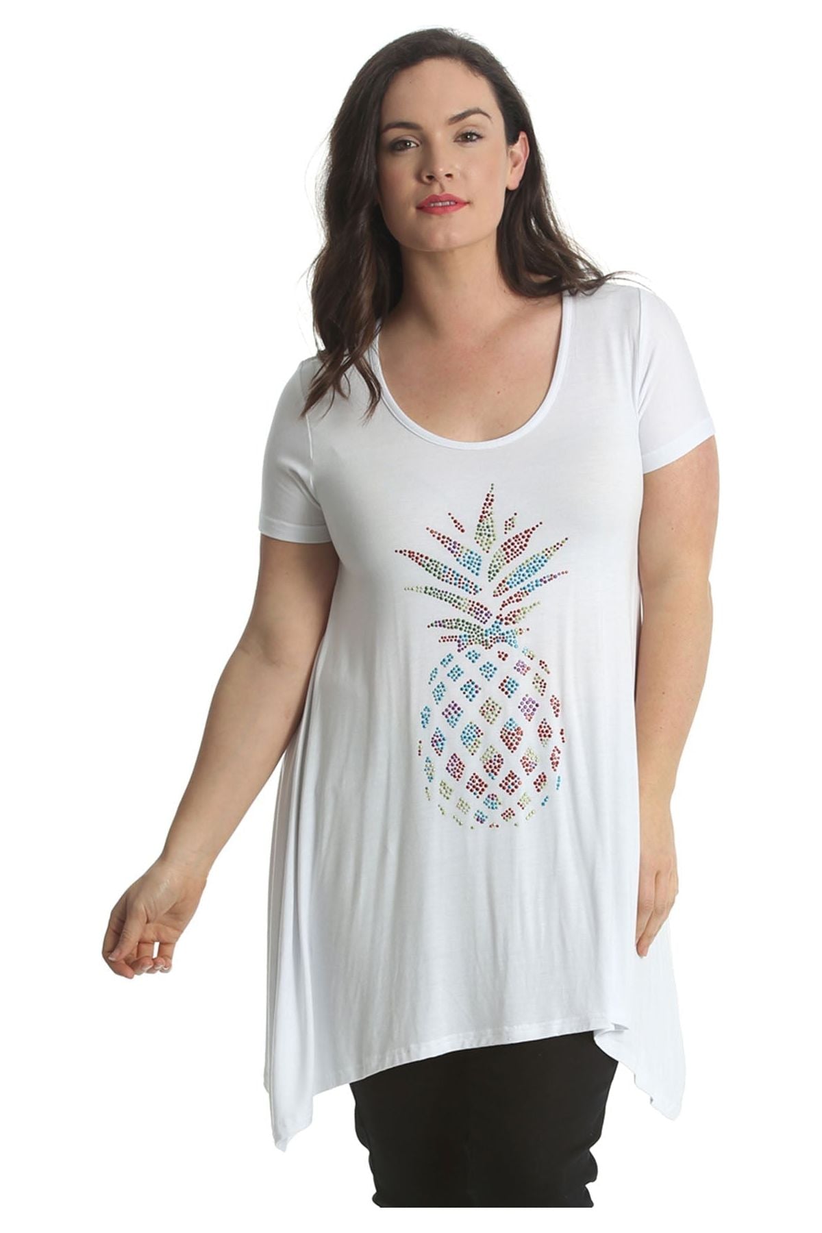 Pineapple Stud Hanky Hem Short Sleeve Top Apparel & Accessories WearAll White 26-28