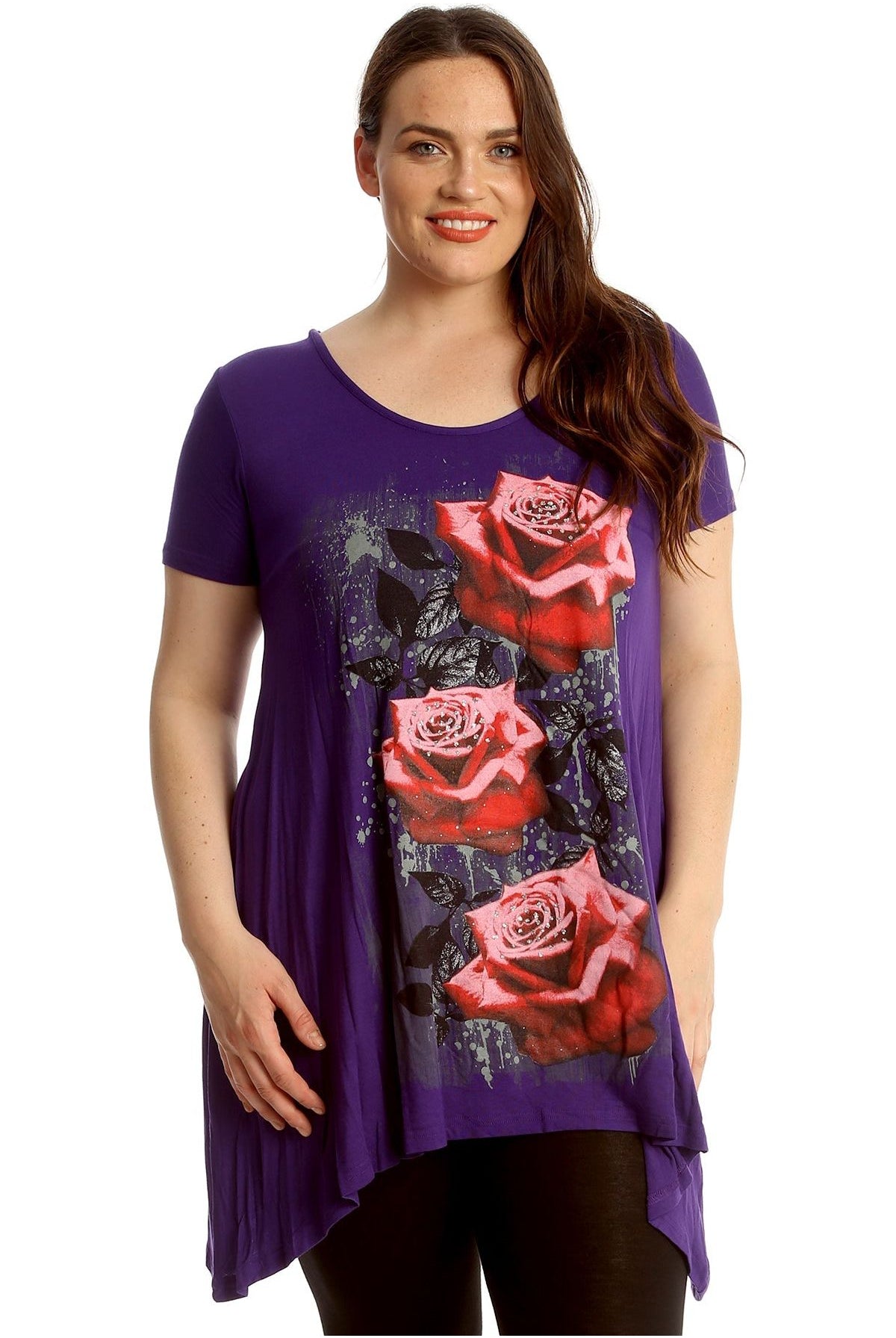 Three Rose Print Hanky Hem Short Sleeve Top Apparel & Accessories WearAll Purple 14