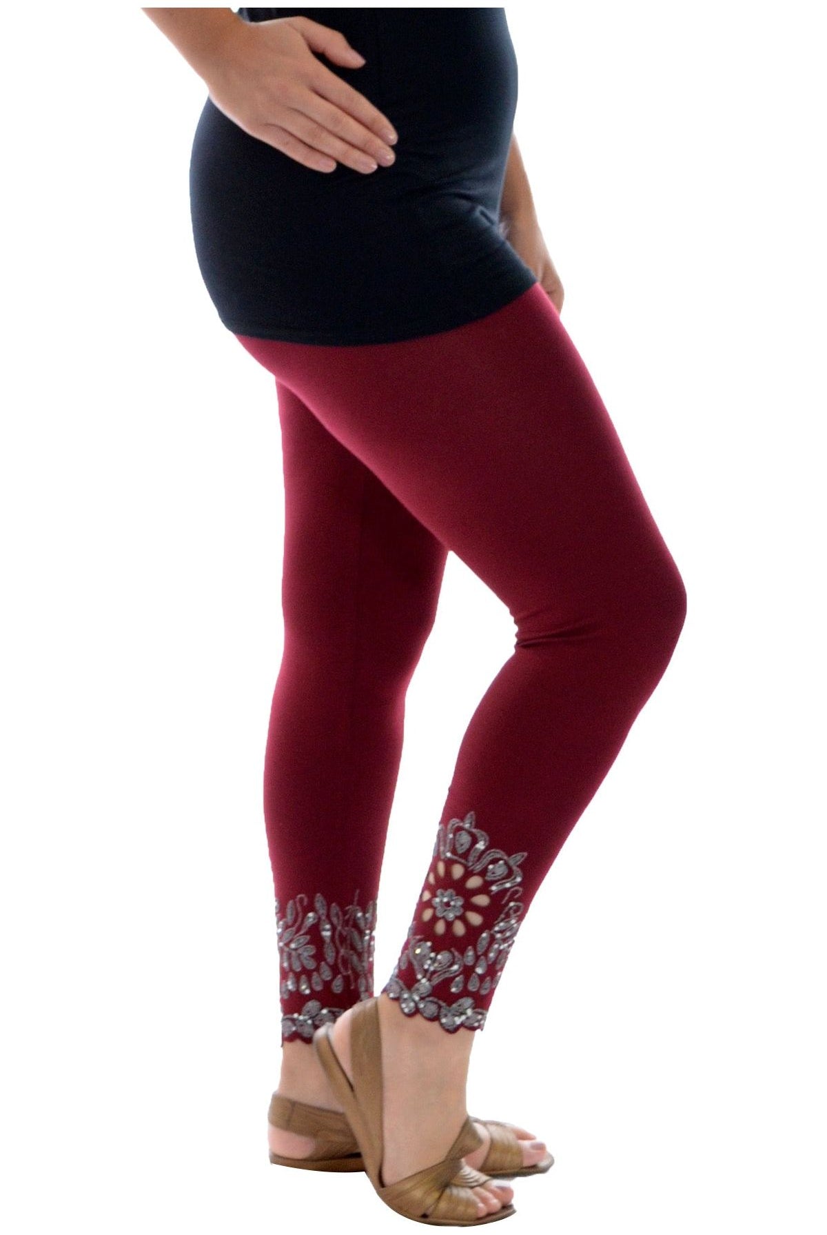 Sequin Scallop Beaded Flower Petal Leggings Leggings WearAll Wine 12-14