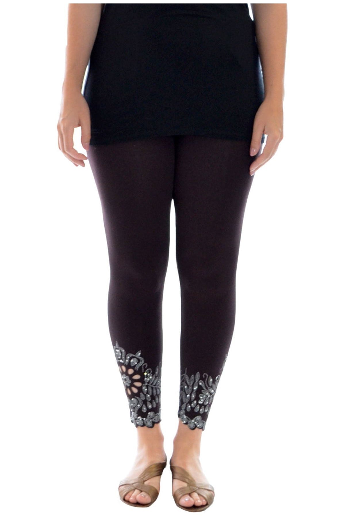 Sequin Scallop Beaded Flower Petal Leggings Leggings WearAll Dark Brown 12-14