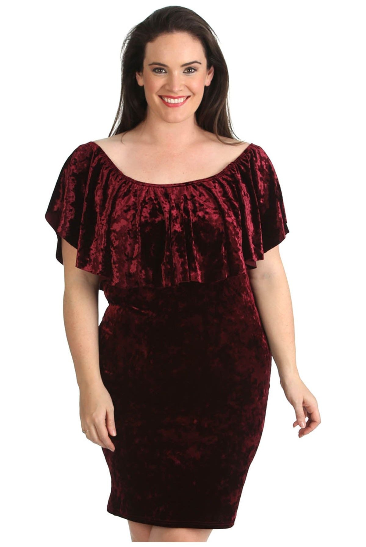 Plus Size Velvet Frill Top Midi Dress Dress WearAll Wine 14