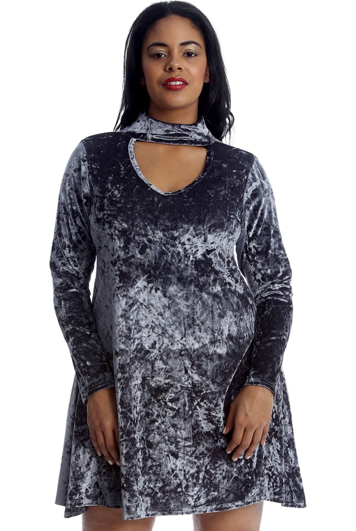 Plus Size Velour Velvet Long Sleeve Choker V-Neck Dress Dress WearAll Grey 18