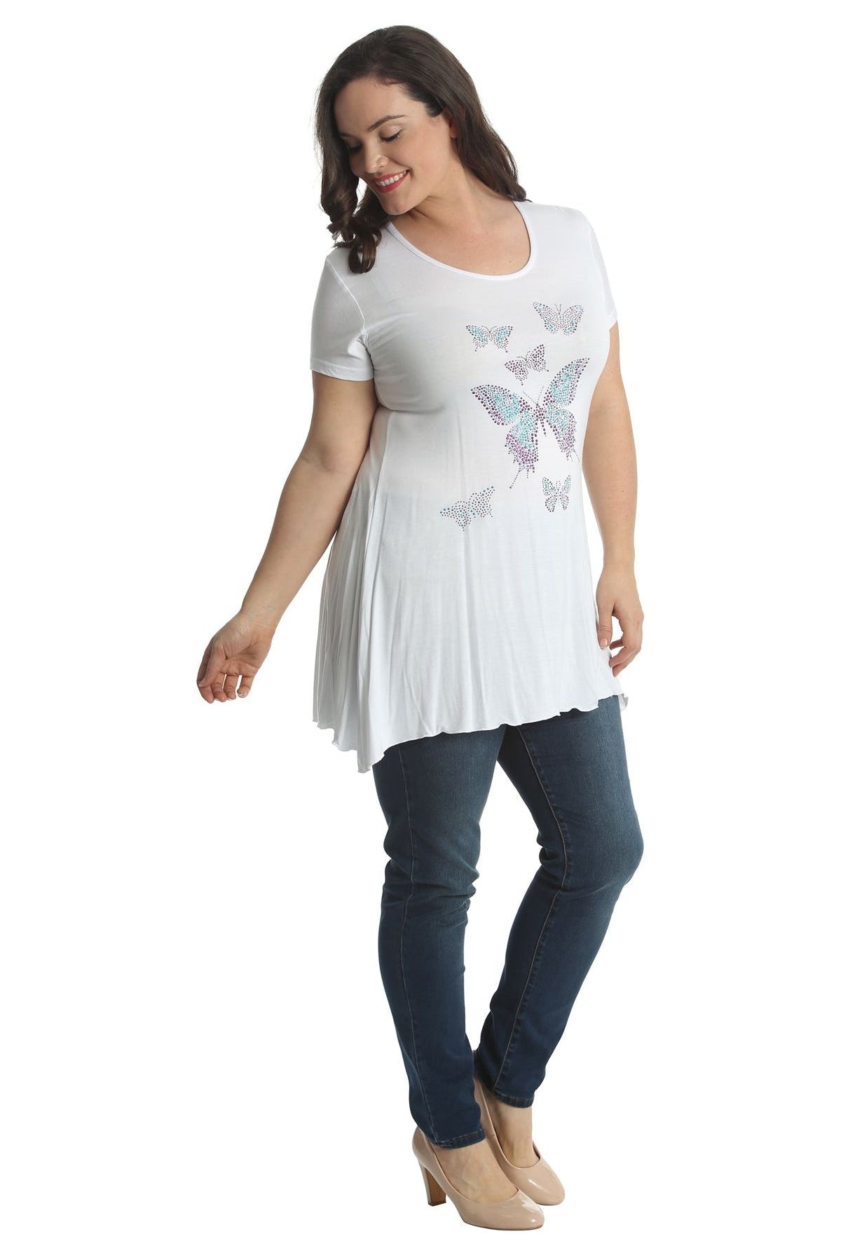 Diamante Butterfly Stud Hanky Hem Short Sleeve Top Apparel & Accessories WearAll