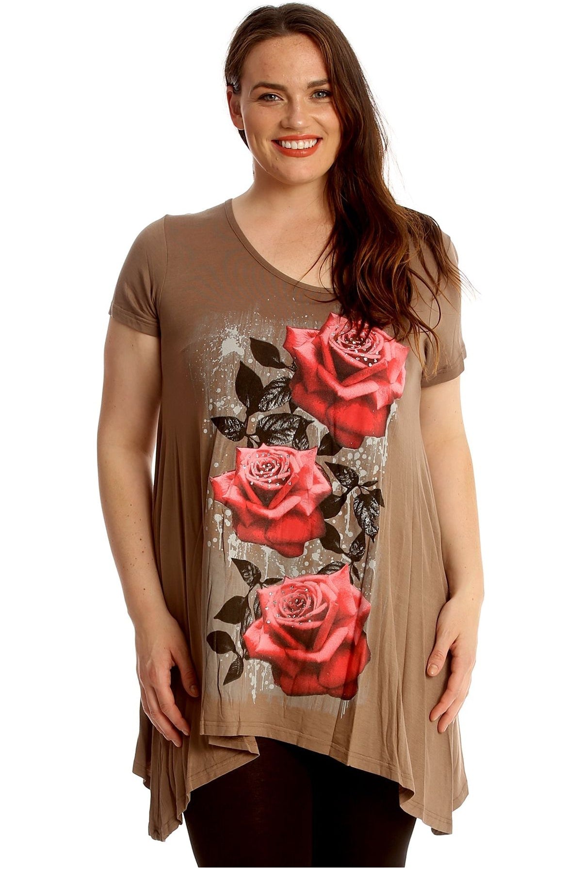 Three Rose Print Hanky Hem Short Sleeve Top