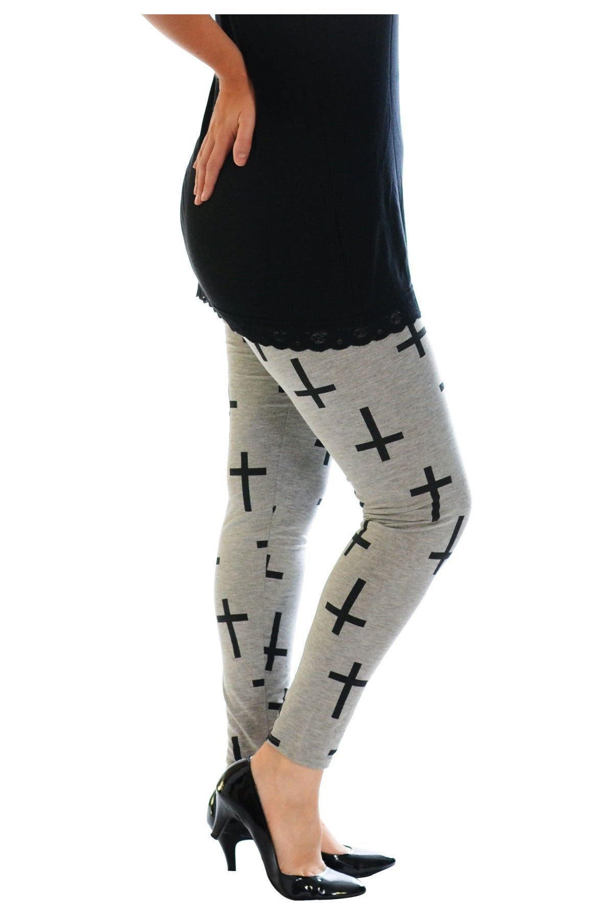 Silver Cross Print Stretchy Leggings Leggings WearAll