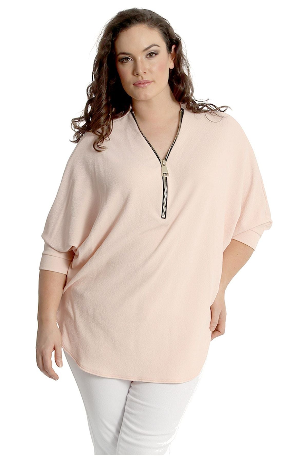 Plus Size Zip Curved Hem V-Neck Batwing Sleeve Top Tops WearAll