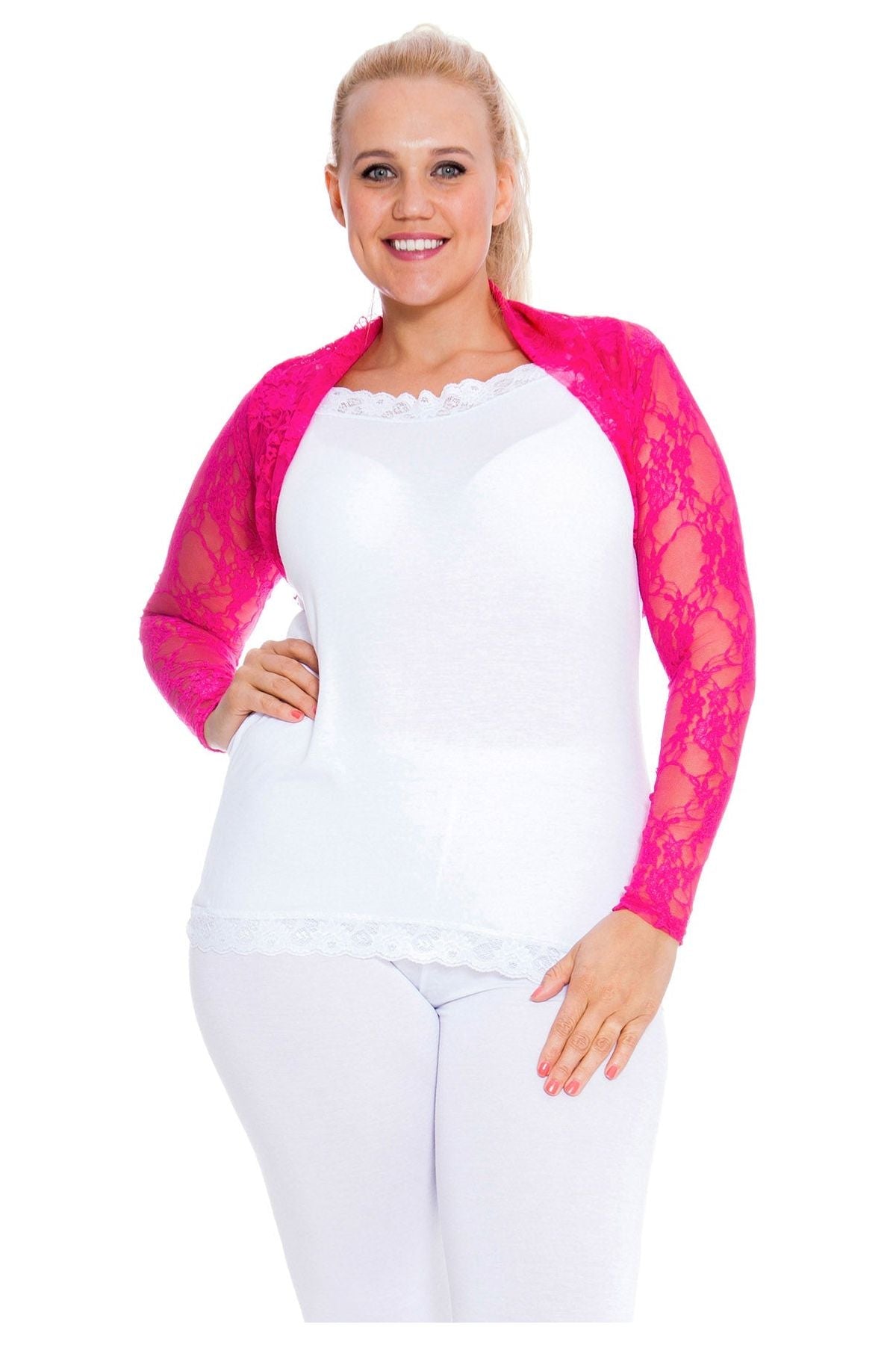 Plus Size Cropped Lace Bolero Shrug Tops WearAll Cerise 14