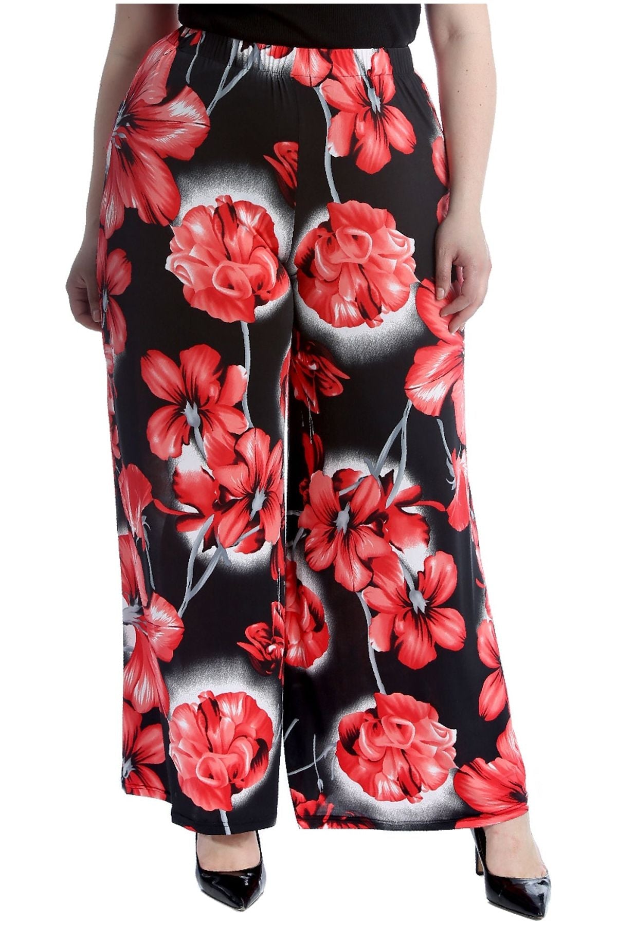 Plus Size Floral Print Palazzo Trouser Palazzo WearAll Red 16-18