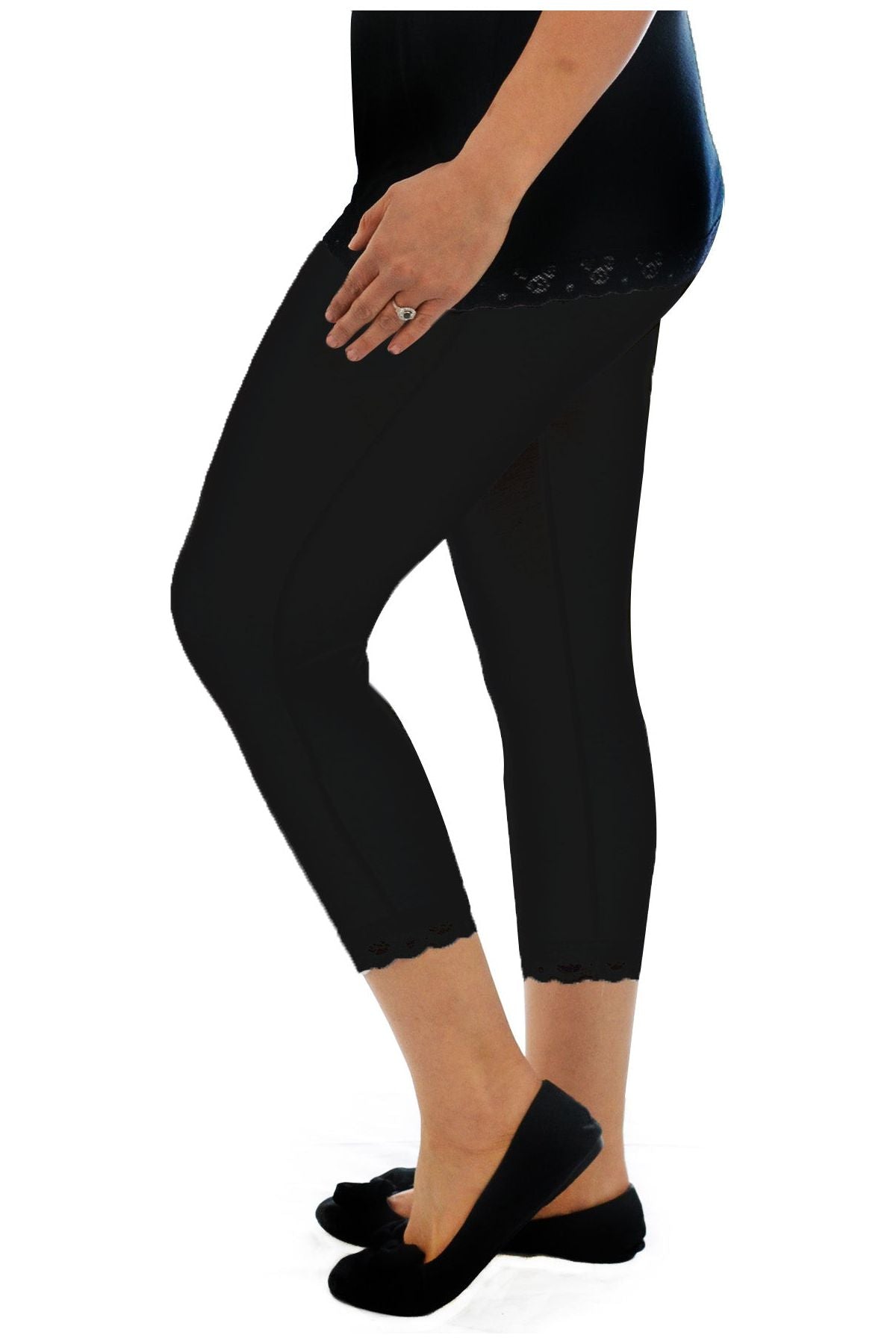 Cropped Lace Trim Leggings Leggings WearAll Black 12-14