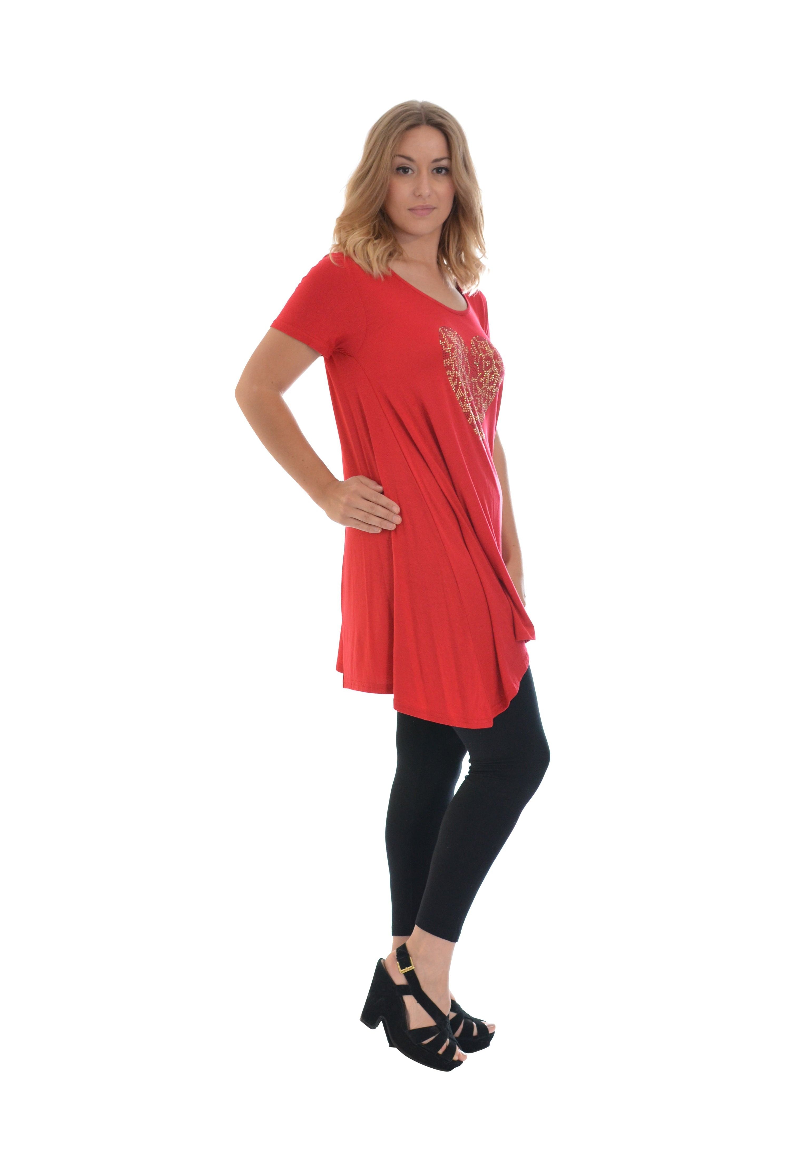 Leopard Print Studded Heart Hanky Hem Short Sleeve Top Apparel & Accessories WearAll