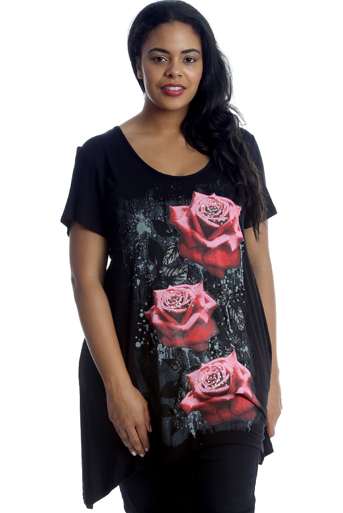 Three Rose Print Hanky Hem Short Sleeve Top Apparel & Accessories WearAll Black 14