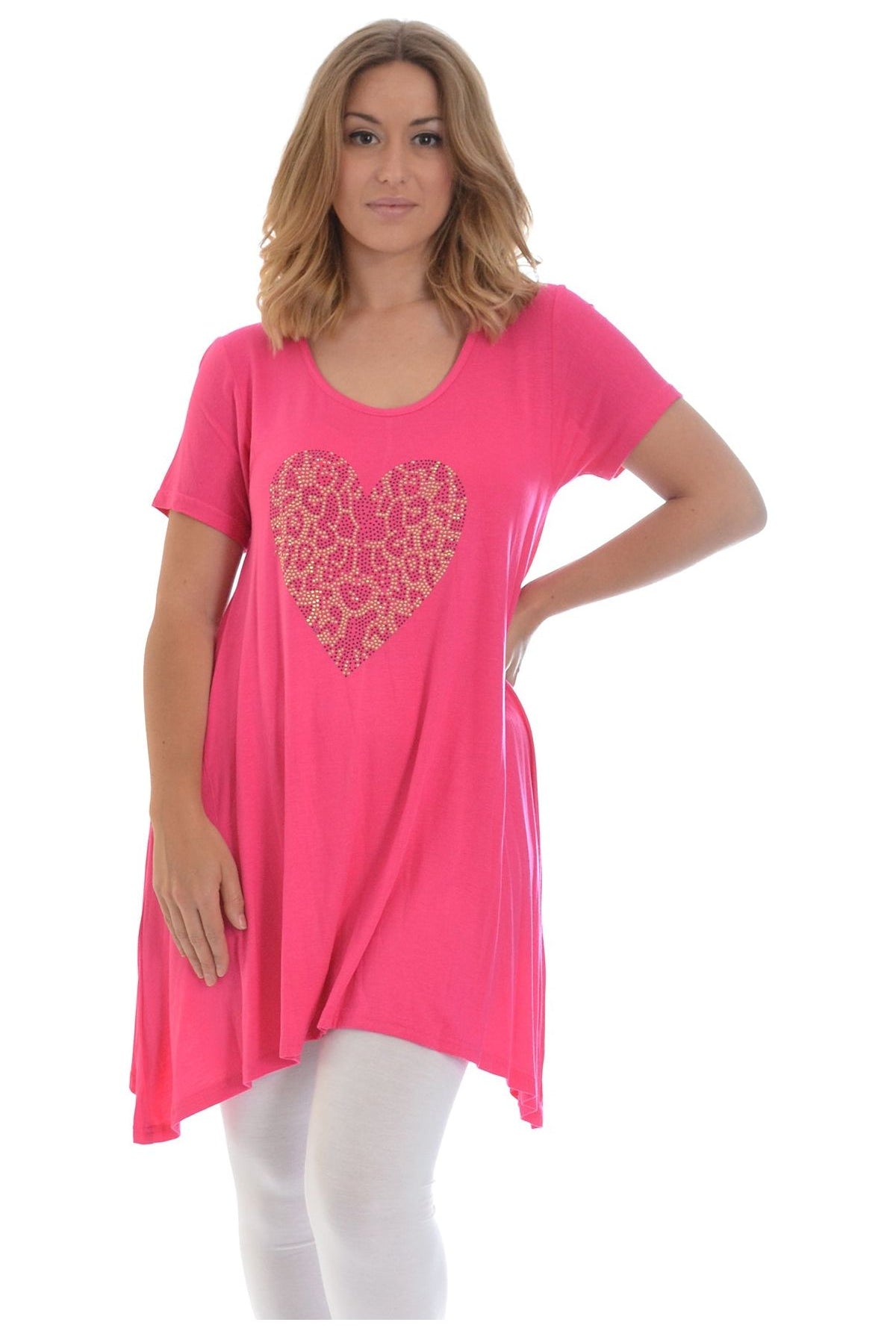 Leopard Print Studded Heart Hanky Hem Short Sleeve Top Apparel & Accessories WearAll Cerise 14