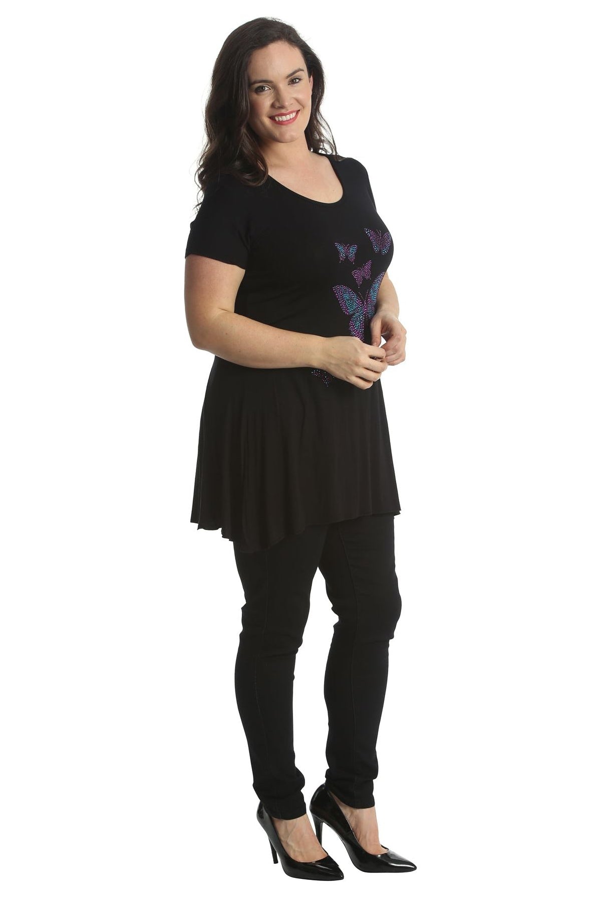 Diamante Butterfly Stud Hanky Hem Short Sleeve Top Apparel & Accessories WearAll