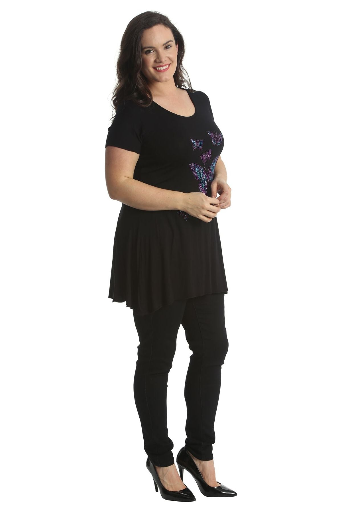 Diamante Butterfly Stud Hanky Hem Short Sleeve Top Apparel & Accessories WearAll