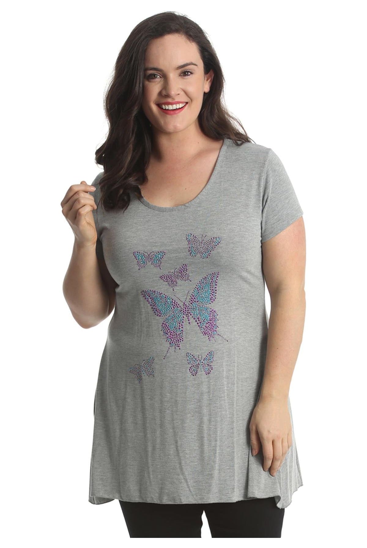 Diamante Butterfly Stud Hanky Hem Short Sleeve Top Apparel & Accessories WearAll Silver Grey 14