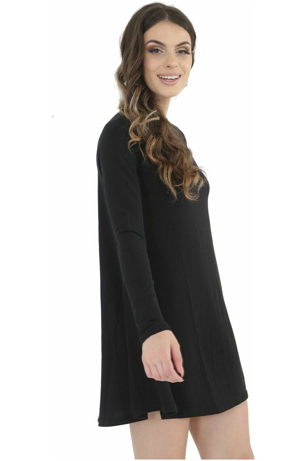 Plus Size Plain Ladies Swing Dress Top Dress WearAll Black 16-18