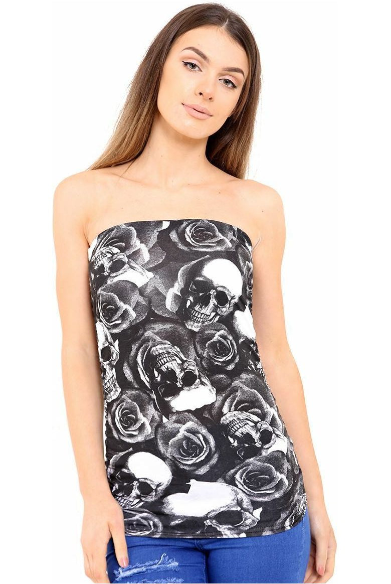 Tartan Skull Rose Print Ruched Boob Tube BraTop WearAll Skull Rose 12-14