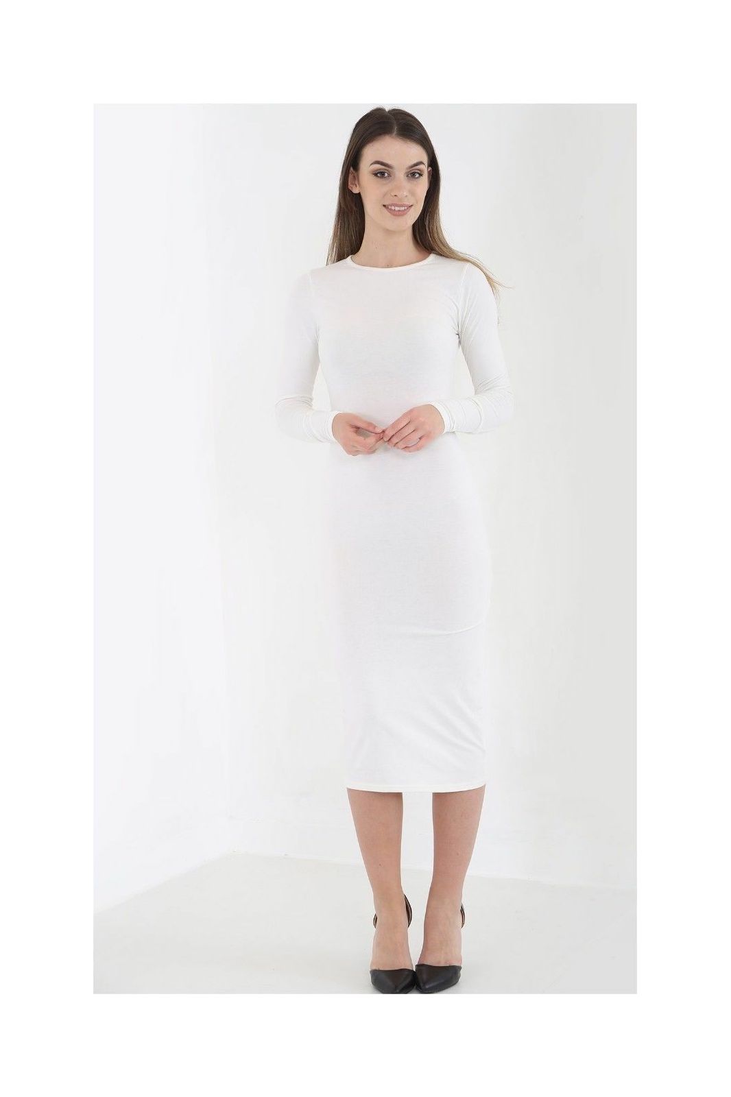 Plus Size Bodycon Stretch Plain Midi Dress Dress WearAll White 20-22