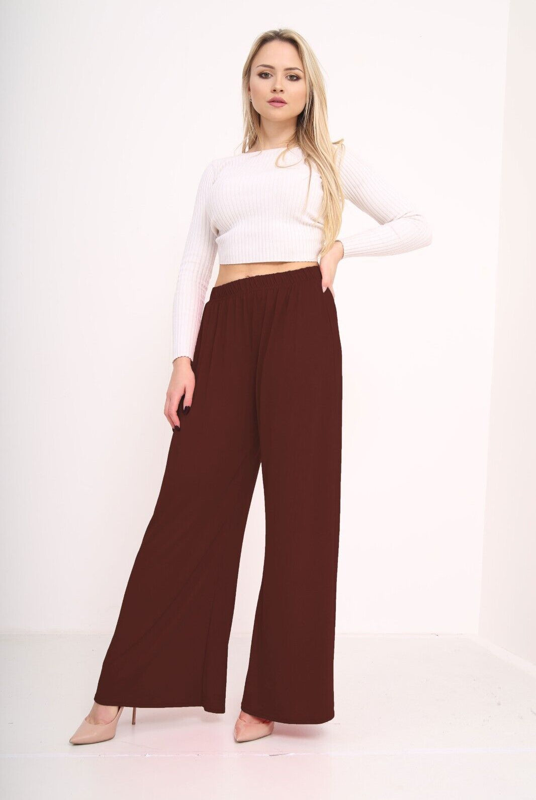 Plus Size Wide Leg Flared Plain Palazzo Trouser Palazzo WearAll Brown 16-18