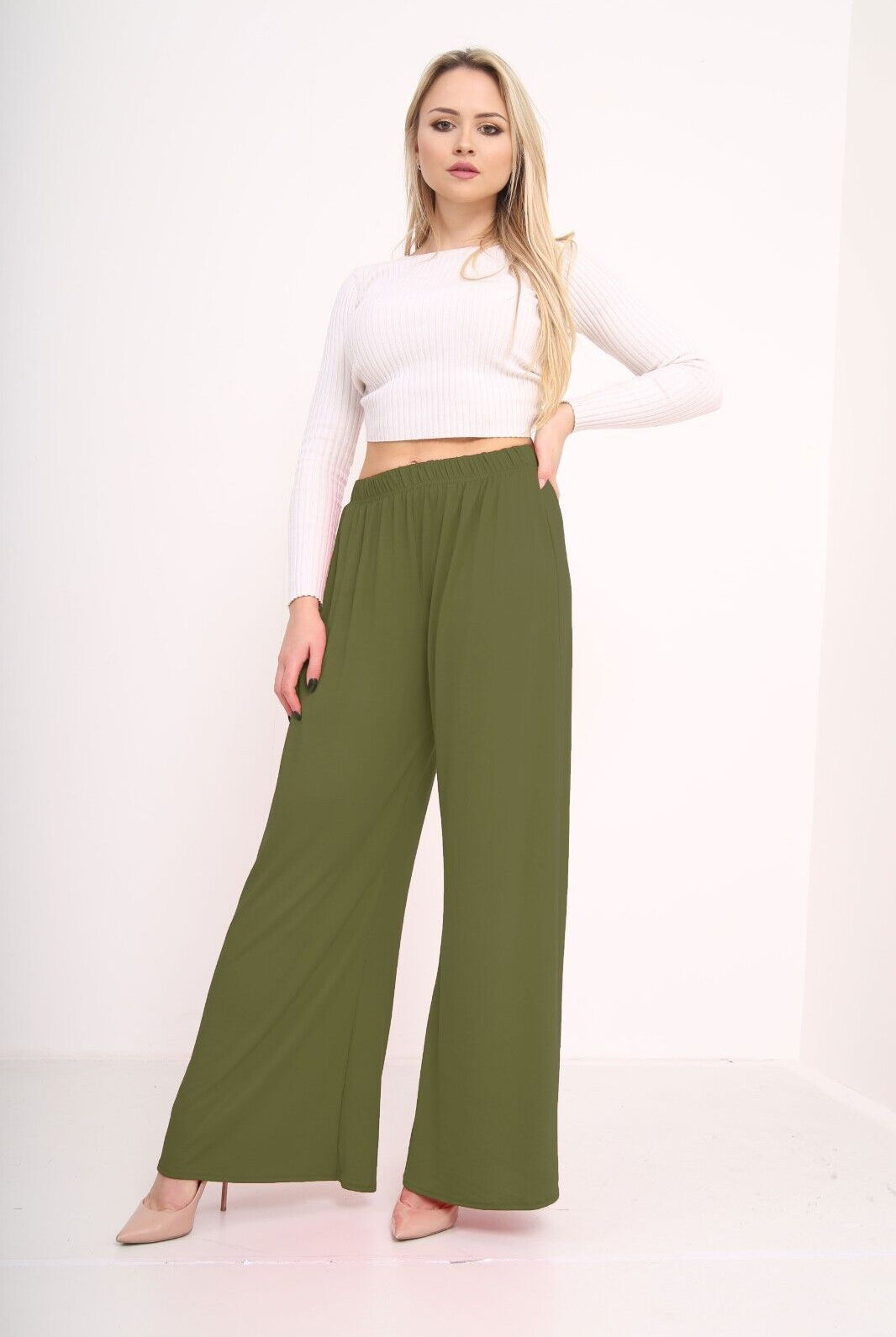Wide Leg Flared Plain Palazzo Trouser Palazzo WearAll Khaki Green 8-10