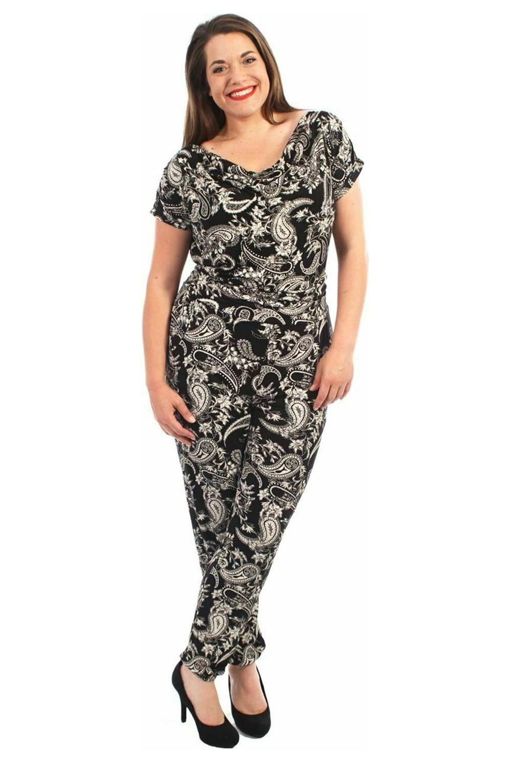 Plus Size Paisley Print Belted Jumpsuit Jumpsuit WearAll Black 14