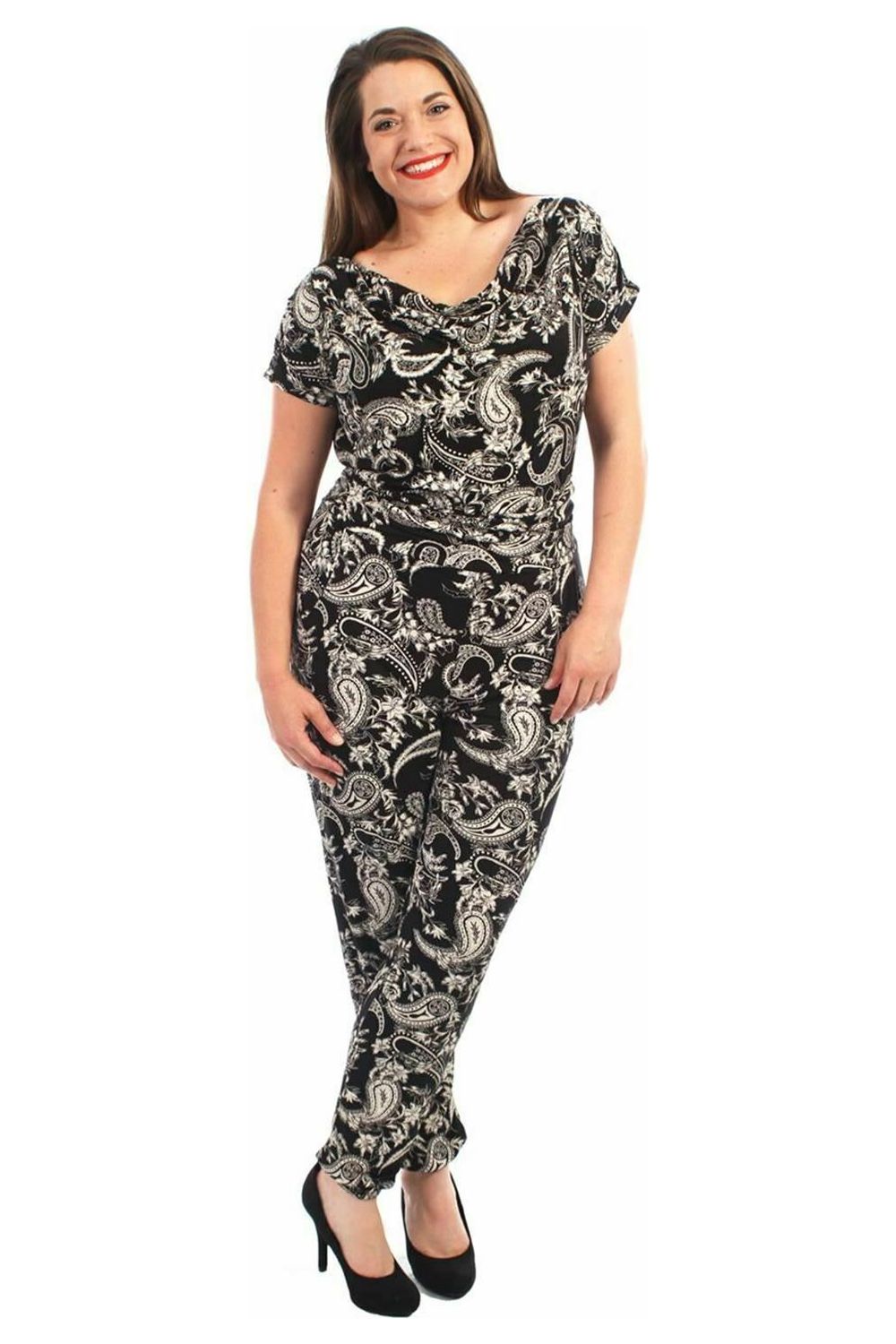 Plus Size Paisley Print Belted Jumpsuit Jumpsuit WearAll Black 14