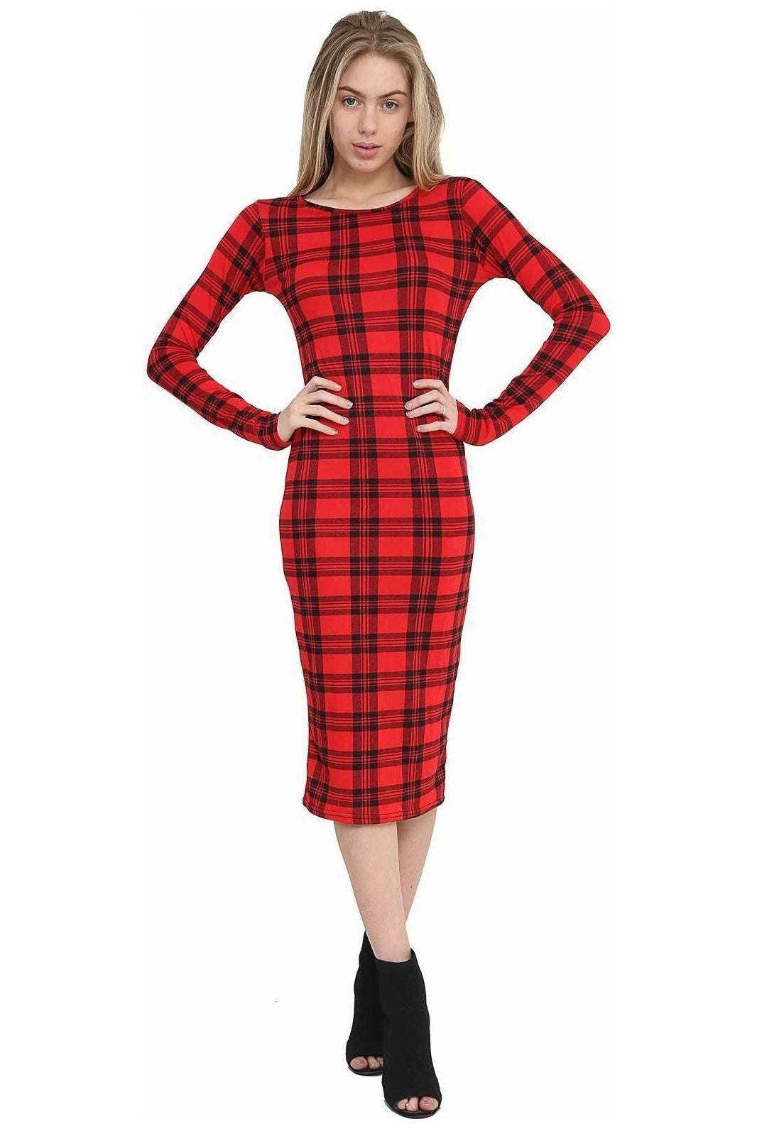 Plus Size Bodycon Stretch Tartan Print Midi Dress Dress WearAll Tartan Red 16-18