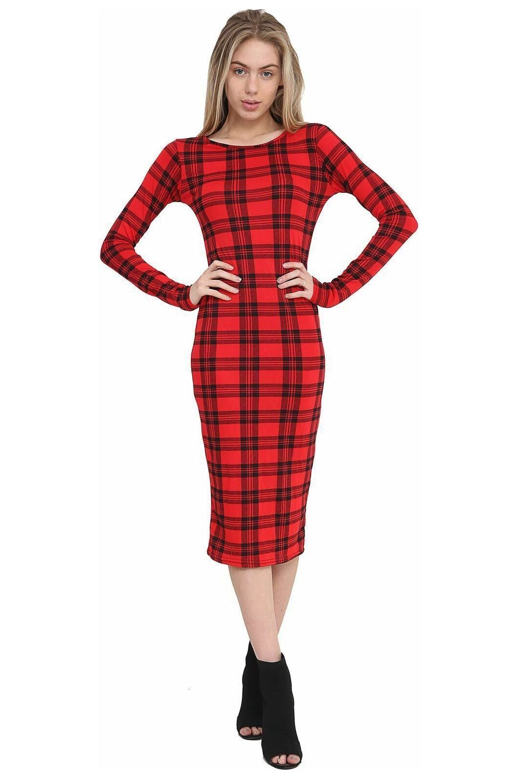 Bodycon Stretch Tartan Print Midi Dress Dress WearAll Tartan Red 8-10