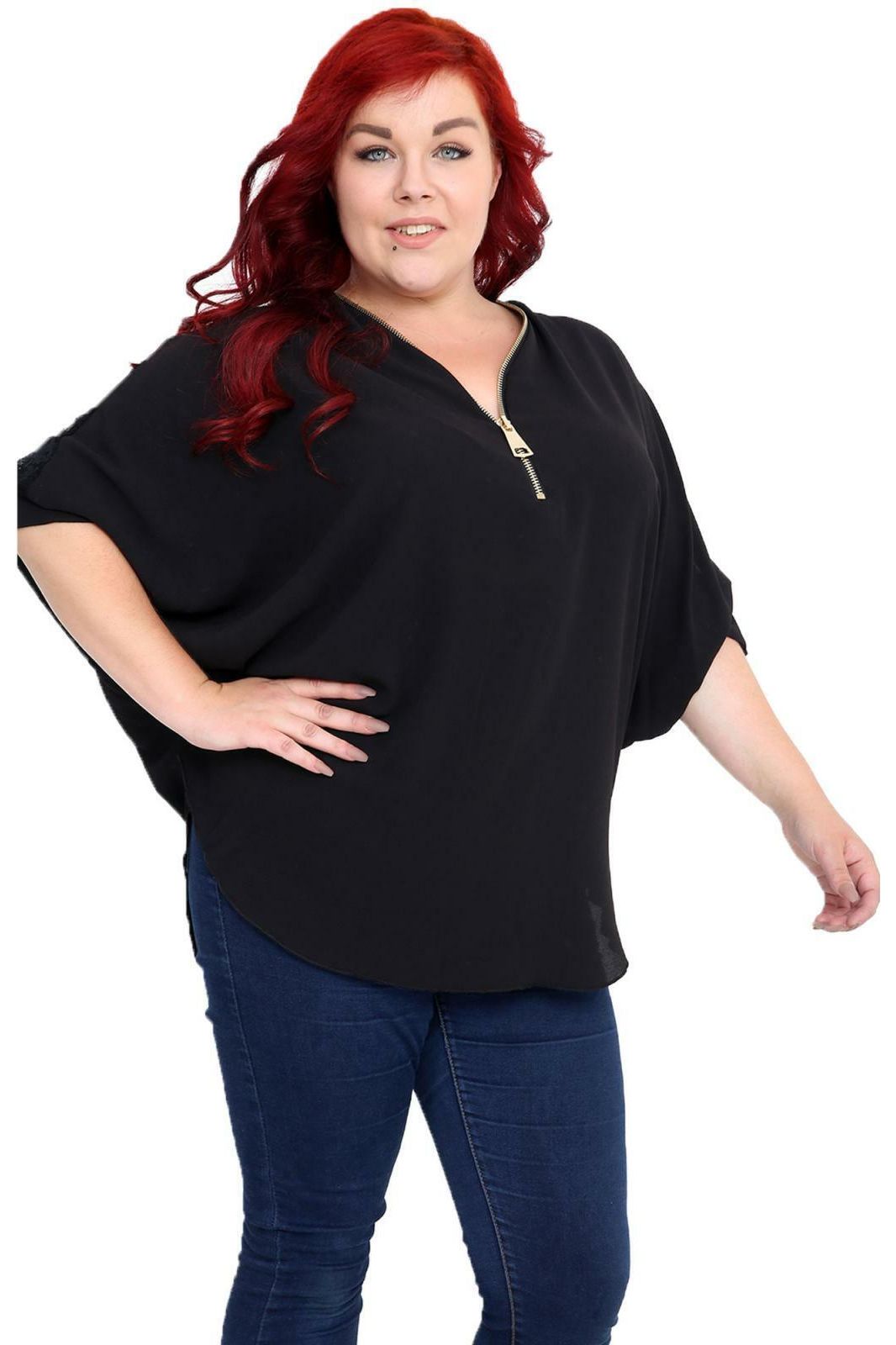 Plus Size Floral Lace Batwing Crepe Top Tops WearAll Black 16-18