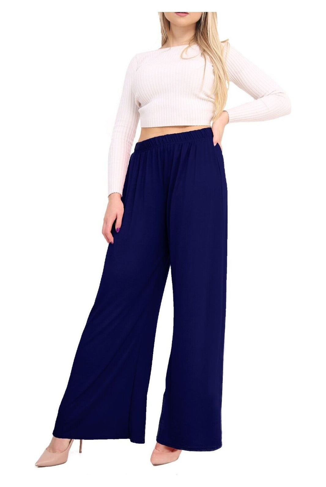 Wide Leg Flared Plain Palazzo Trouser Palazzo WearAll Navy Blue 8-10
