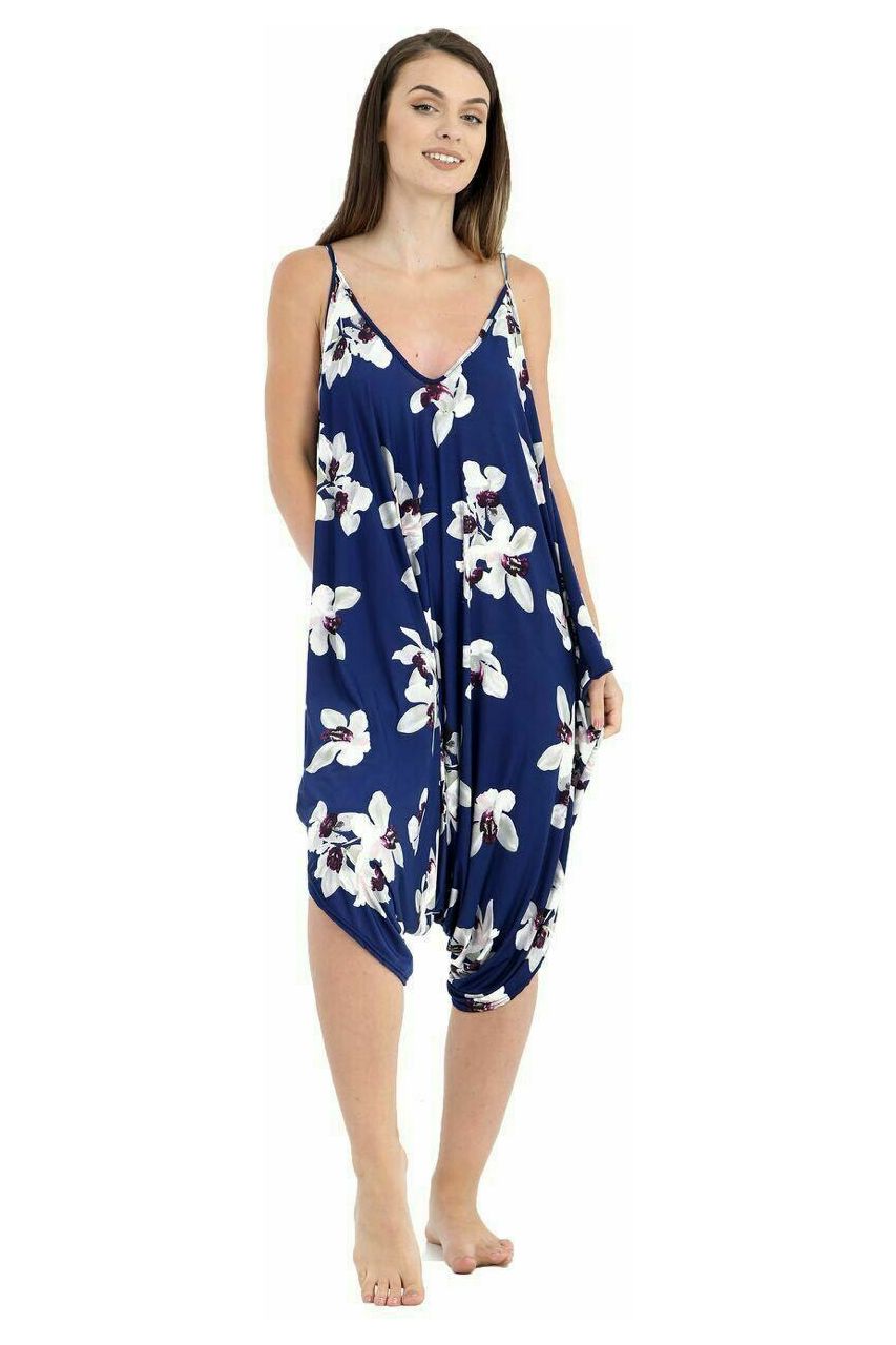 Lagenlook Strappy Baggy Harem Jumpsuit 10-16 Jumpsuit WearAll Navy Floral One Size Fits 10-16