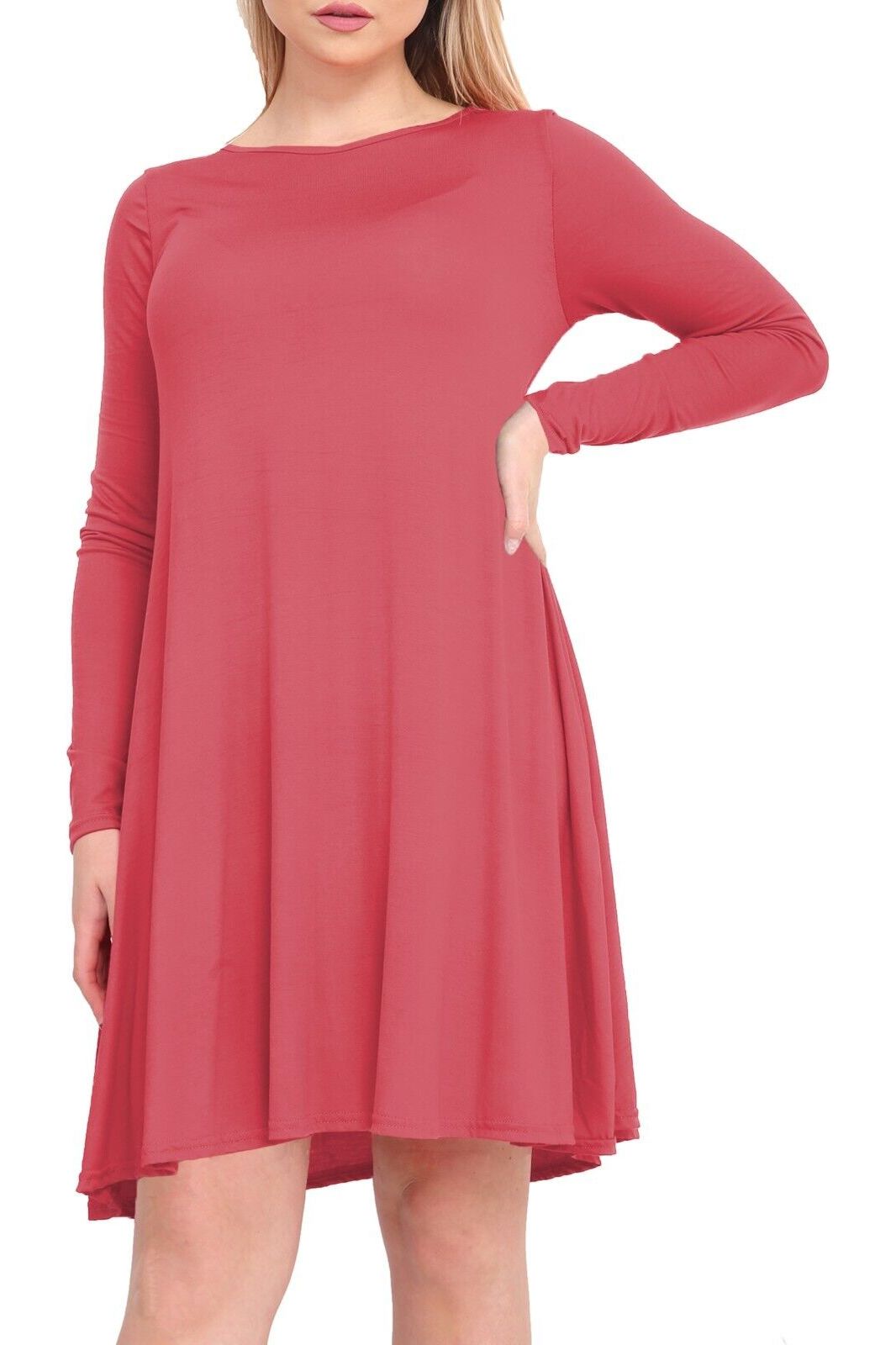 Plus Size Plain Ladies Swing Dress Top Dress WearAll Coral 16-18