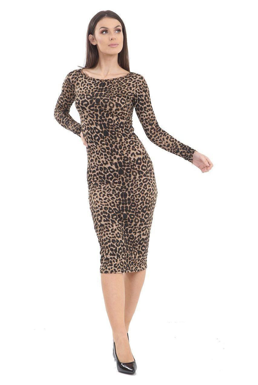 Plus Size Bodycon Leopard Brown Print Midi Dress Dress WearAll Leopard Brown 16-18